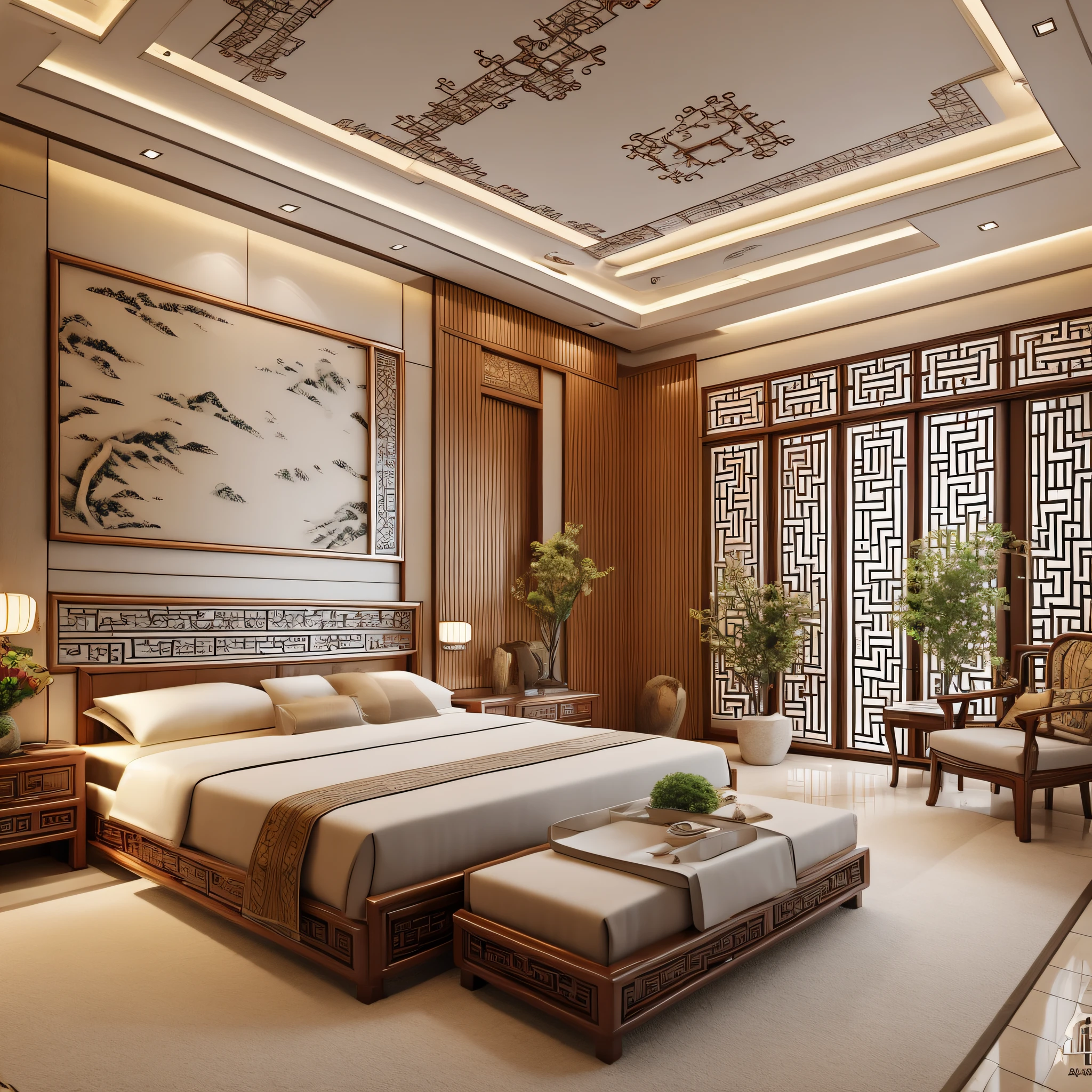 Interior design, very detailed wide-angle architectural photography, traditional Chinese style bedroom, (warm and cozy sunshine 1:0.1), award-winning contemporary interior design, bedroom, Chinese bedroom, a bed, bedside table, lamp, potted plants, wardrobe, dresser, a decorative painting, a carpet, clean ceiling, clean suspended ceiling --auto --s2