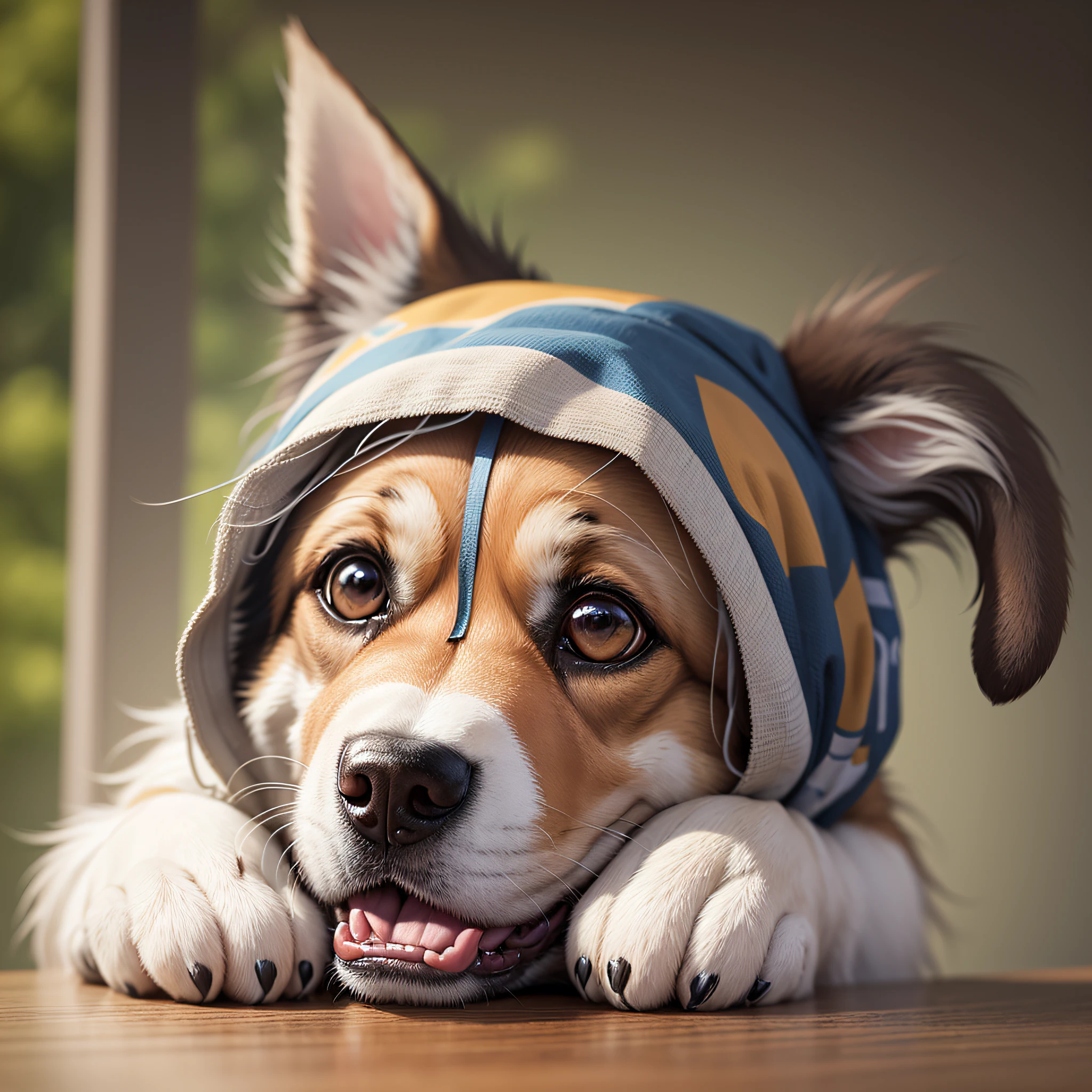 Dog, (a dog), on the table (half of the head exposed), peeking out, pet, sticking out his tongue --auto --s2