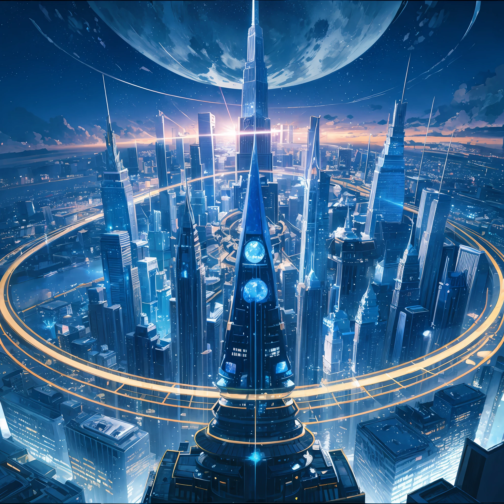 City at night, large fragments of blue crystal, moonlight, masterpiece, HD, detailed, anime style --auto --s2