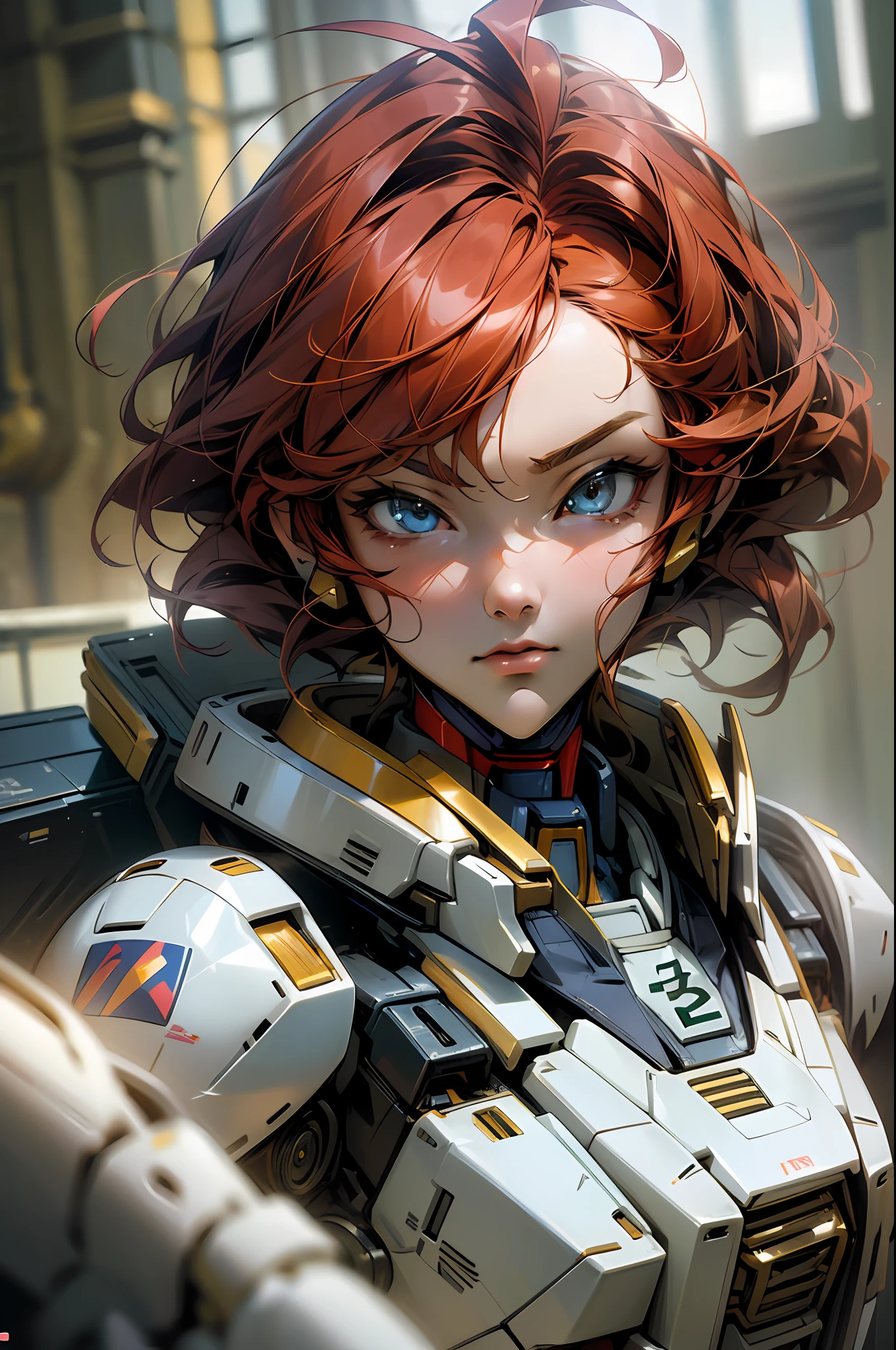 (masterpiece, top quality: 1.2), super detail, cinematic lighting, HDR, Gundam and girl, huge mobile suit face behind, beautiful face, beautiful eyes, redhead, ahoge, slim body, small, dynamic angles, dynamic pose, 200mm lens,