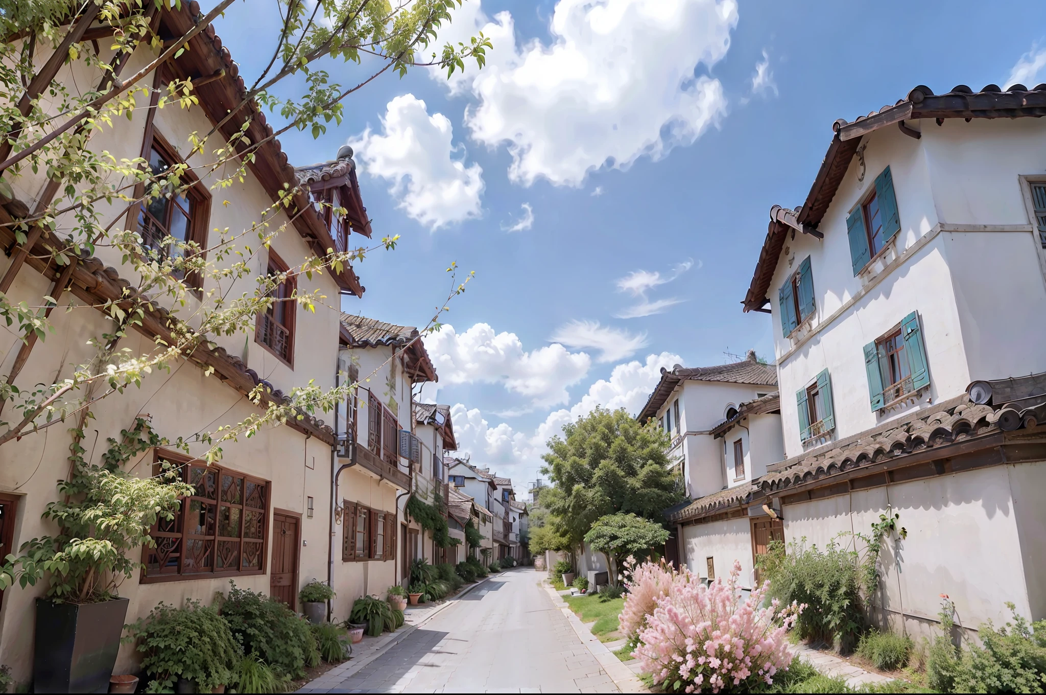 there is a street lined with houses and bushes on both sides, residential area, the neat and dense buildings, ancient city of white stone, chinese village, dreamy chinese town, houses and buildings, houses and roads, chinese architecture, modern neighborhood, guangjian, narrow and winding cozy streets, suburbia street, ancient chinese architecture, college, hangzhou, riverside, residential