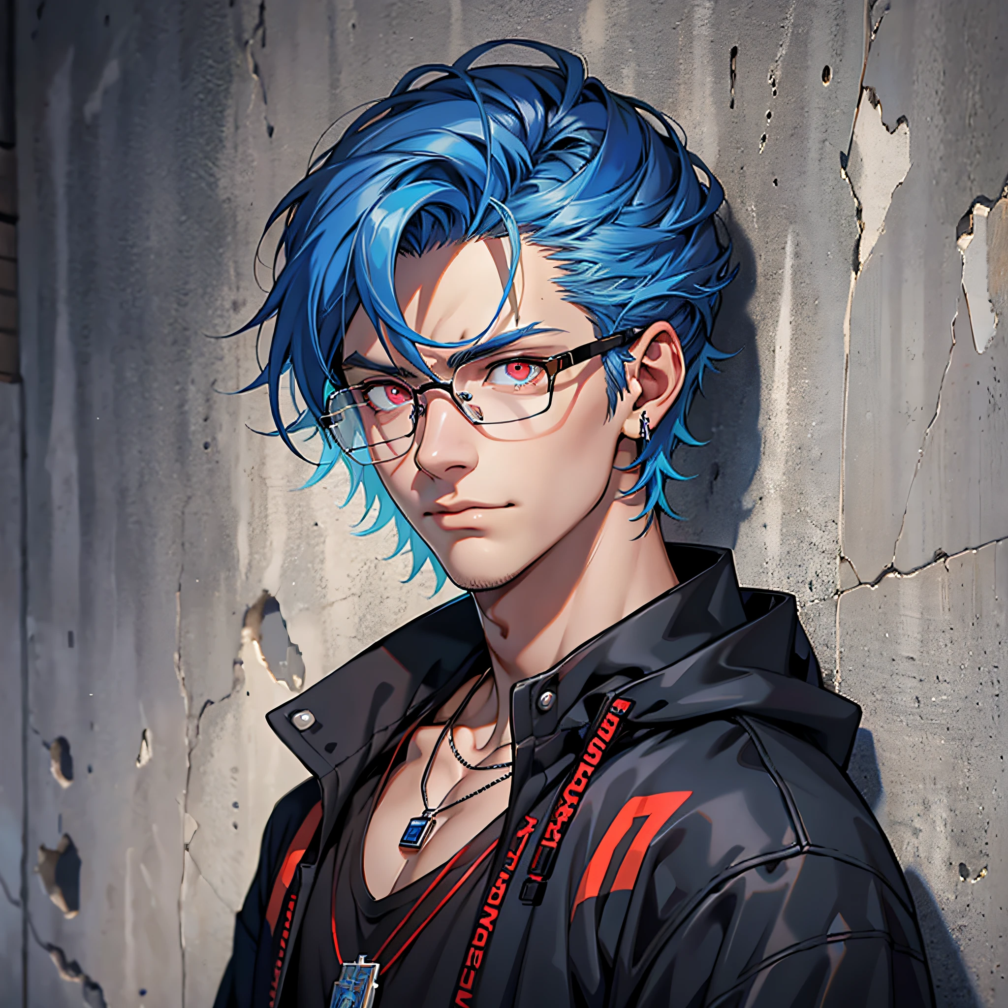 (Masterpiece, Best Quality, Ridiculous), Film Lighting, Best Quality, Ultra Detailed, Masterpiece, Fine Lines,, 1 Man: 20 years old, Detailed eyes, Blue hair color head style, Red eyes, Black coat, White T-shirt, Black glasses, Jewelry, necklace, Glowing eyes, Light, (colored), Upper body, Smug and smug, Outdoor, Concrete wall, Industrial