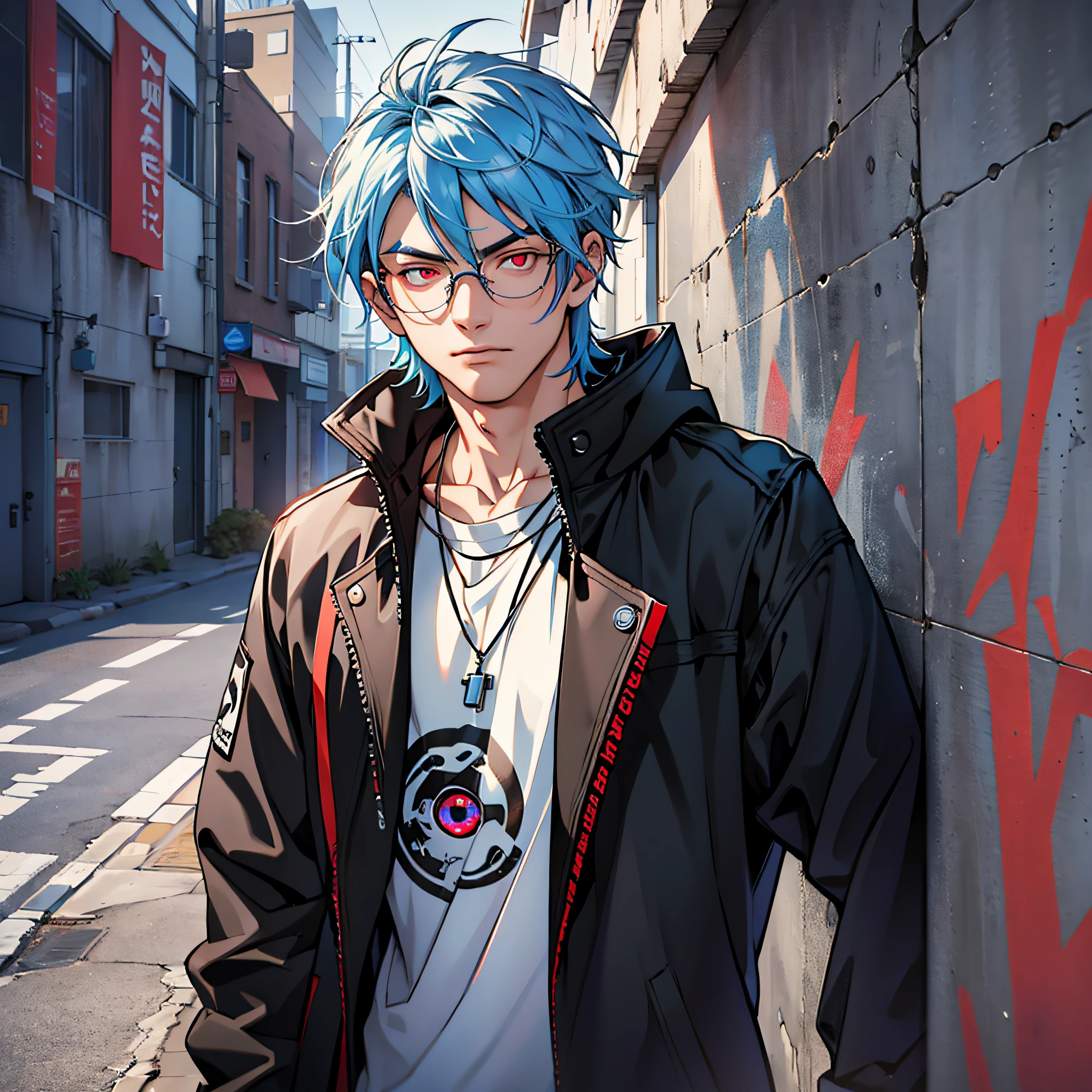 (Masterpiece, Best Quality, Ridiculous), Film Lighting, Best Quality, Ultra Detailed, Masterpiece, Fine Lines,, 1 Man: 20 years old, Detailed eyes, Blue hair color head style, Red eyes, Black coat, White T-shirt, Black glasses, Jewelry, necklace, Glowing eyes, Light, (colored), Upper body, Smug and smug, Outdoor, Concrete wall, Industrial