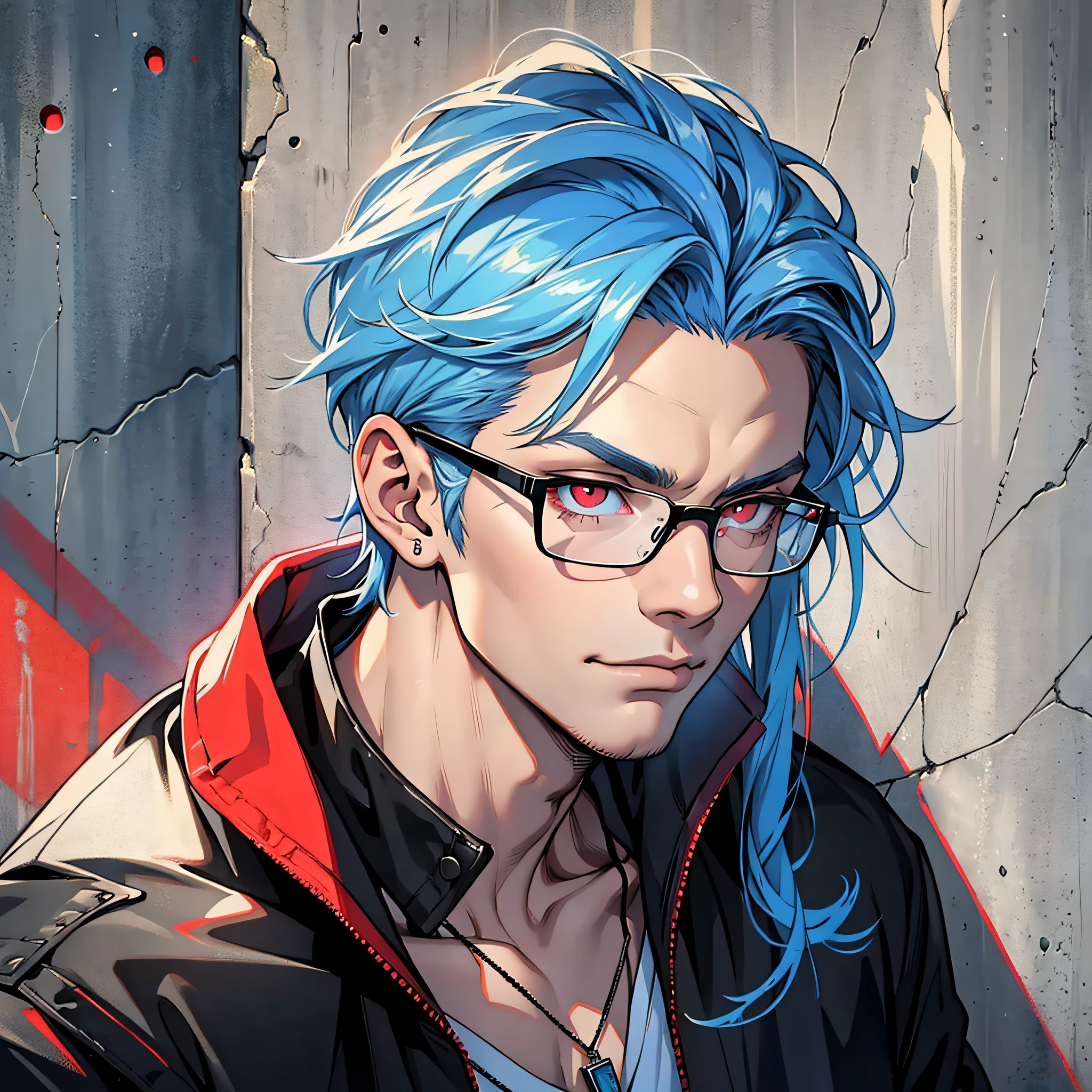 (Masterpiece, Best Quality, Ridiculous), Film Lighting, Best Quality, Ultra Detailed, Masterpiece, Fine Lines,, 1 Man: 20 years old, Detailed eyes, Blue hair color head style, Red eyes, Black coat, White T-shirt, Black glasses, Jewelry, necklace, Glowing eyes, Light, (colored), Upper body, Smug and smug, Outdoor, Concrete wall, Industrial
