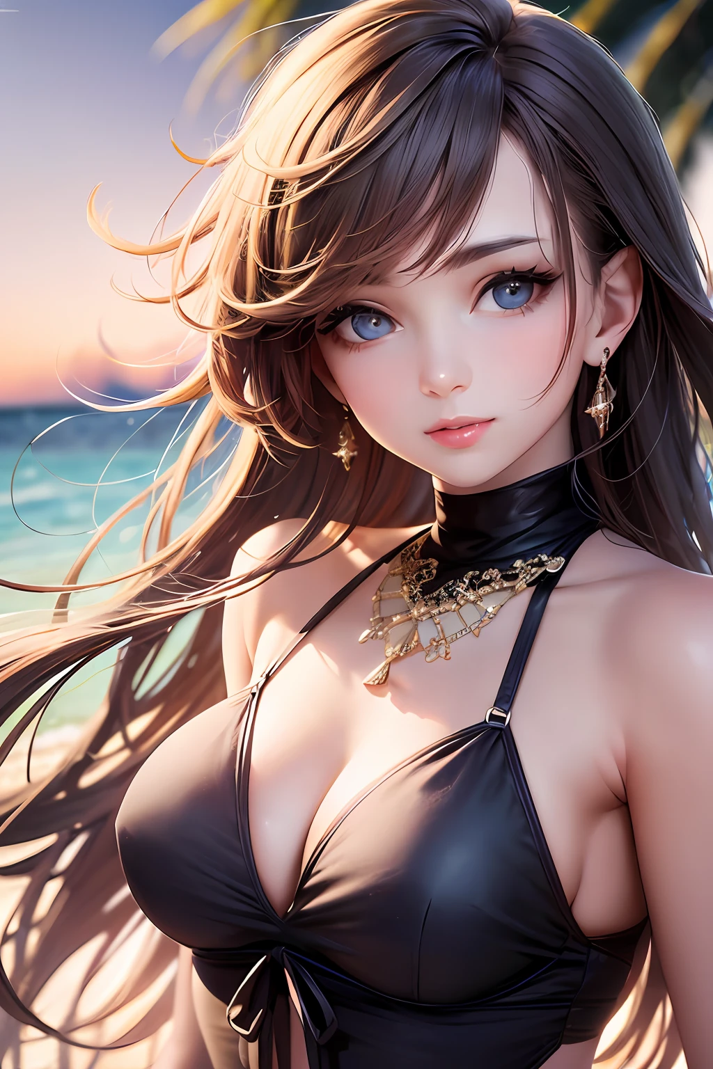 best quality, high resolution, upper body shot, professional lighting, ((a girl, solo)), beautiful detailed face and eyes, Joy, wearing Elegant dress, in Serene beach
