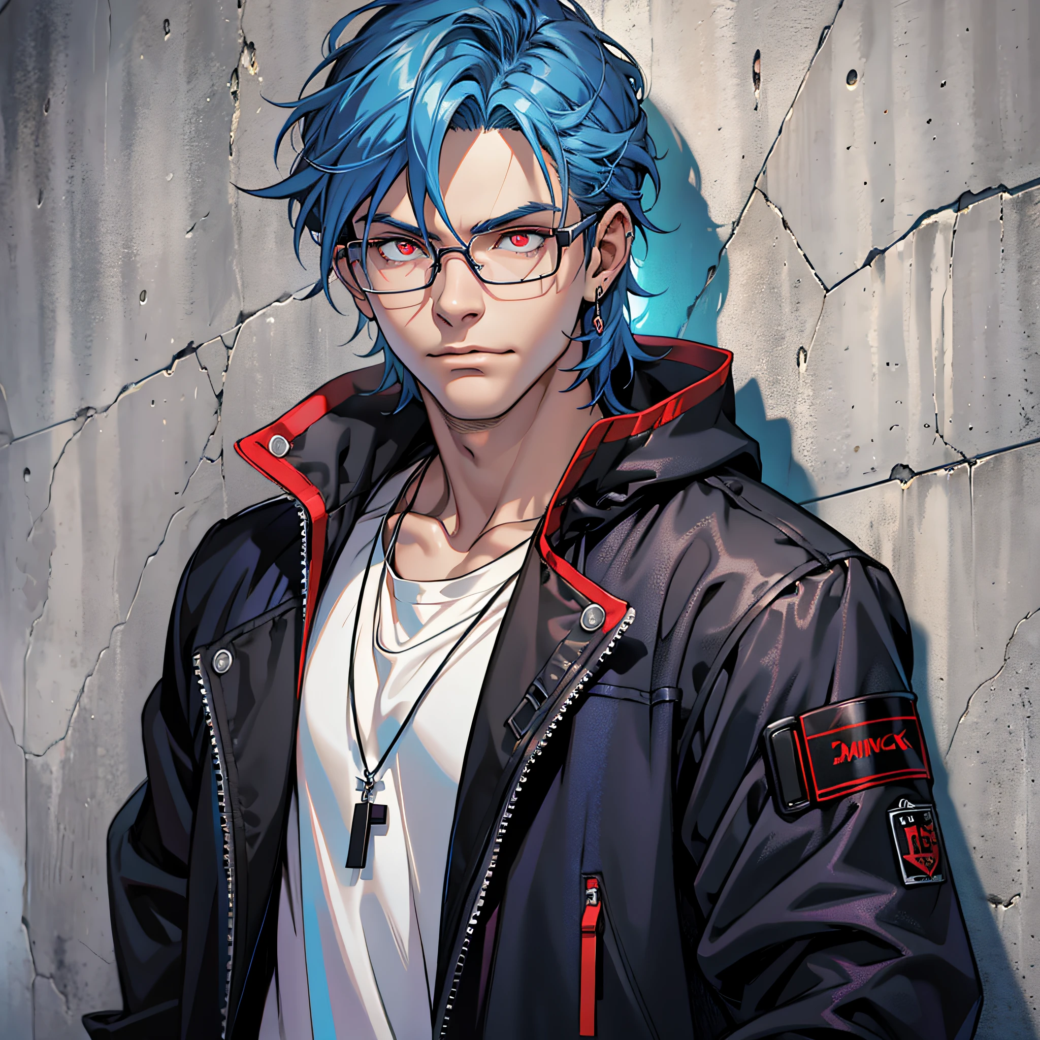 (Masterpiece, Best Quality, Ridiculous), Film Lighting, Best Quality, Ultra Detailed, Masterpiece, Fine Lines,, 1 Man: 20 years old, Detailed eyes, Blue hair color head style, Red eyes, Black coat, White T-shirt, Black glasses, Jewelry, necklace, Glowing eyes, Light, (colored), Upper body, Smug and smug, Outdoor, Concrete wall, Industrial
