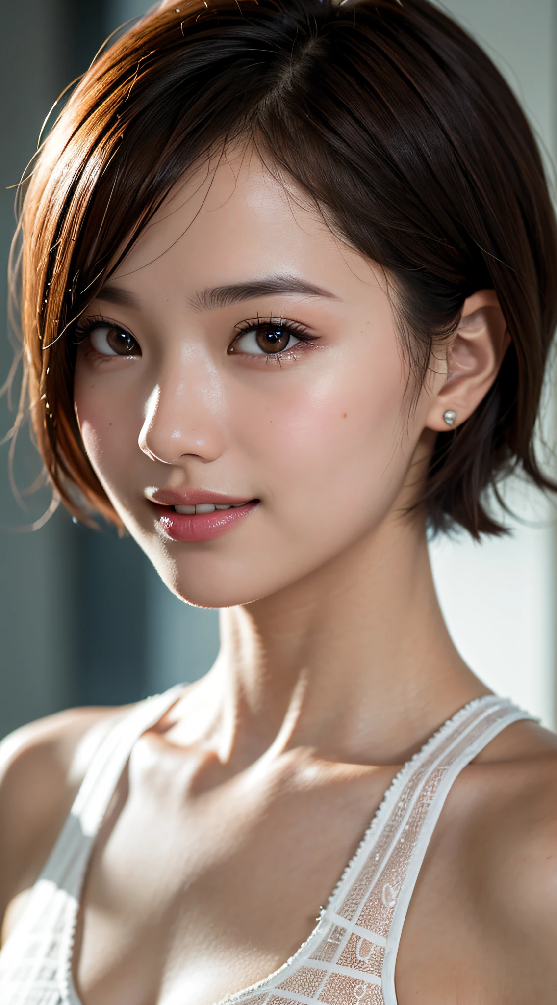 Singapore:1.5), Close up, Masterpiece, Top quality, Raw photo, Photorealistic, Face, Incredibly absurd, Beautiful girl, Cute, Smiling, short hair, See-through blouse, shocking pink bra, upper body, depth of field, High resolution, Ultra detail, Fine detail, Very detailed, Very detailed eyes and face, Sharp pupils, Realistic pupils, Sharp Focus, Cinematic Lighting