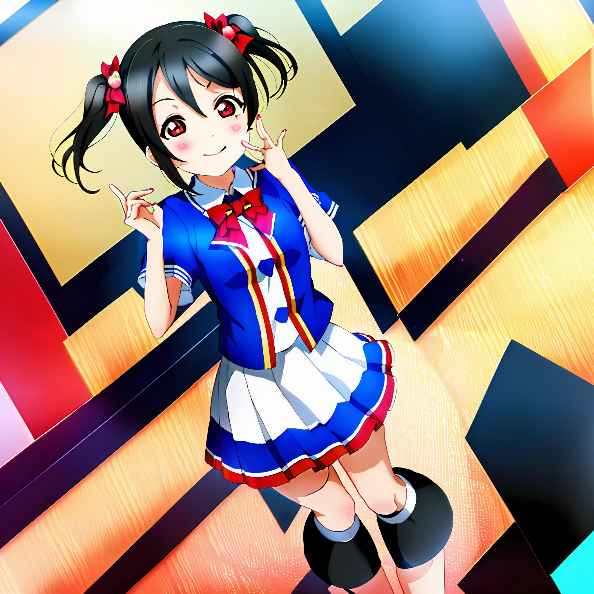 1girl, solo,(best quality),(masterpiece:1.1),Yazawa Nico ,(school uniform:1.4),dress, looking_at_viewer, neck_ribbon, cute, clear facial skin,