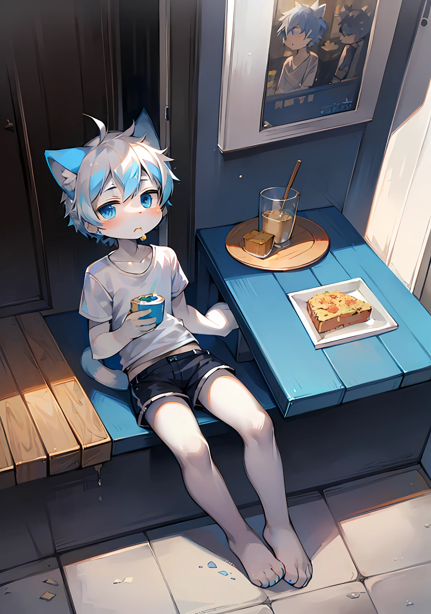 A cat with white hair and blue body, short furry hair, white hair, cat ears, blue hair everywhere, big fluffy tail, humanoid, cute, shorts, shirt, human, furry male, thin, blue eyes, high resolution, eating