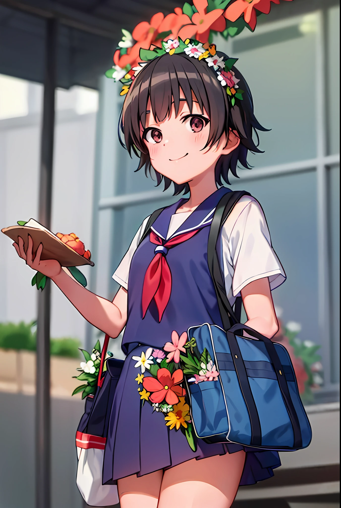 uiharu_kazari,  (8k, RAW photo, best quality, masterpiece:1.2),
1girl, bag, sakugawa_school_uniform, school_uniform, serafuku, solo, school_bag, holding_strap, jaggy_line, smile, shoulder_bag, backpack, red_neckerchief