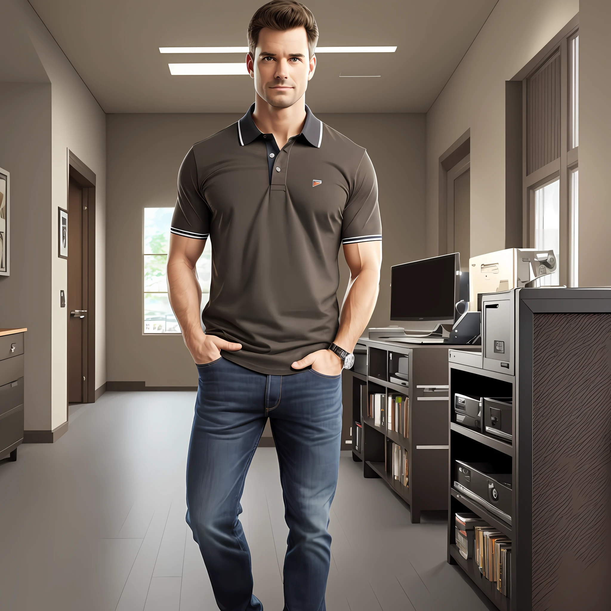 Stephen Albert, standing with hands in pockets, wide full body portrait, wearing a brown striped polo shirt and Jeans, colorful combat boots, computer monitor, keyboard and weight-lifting equipment in the background, dark gray carpeted floor, even studio light, photorealistic., anatomically correct, high quality, 8k --auto --s2