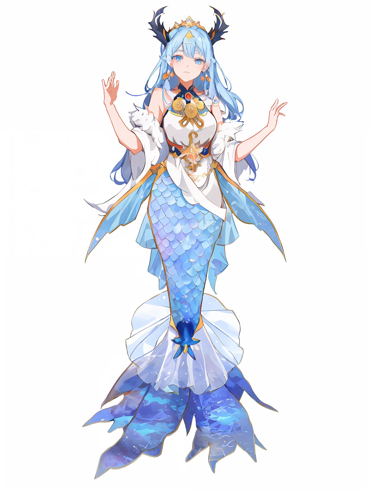 anime character of a mermaid with a crown and a sword, queen of the sea mu yanling, full body xianxia, jellyfish priestess, asian female water elemental, goddess of the ocean, goddess of the sea, official character art, from bravely default ii, ((a beautiful fantasy empress)), iridescence water elemental