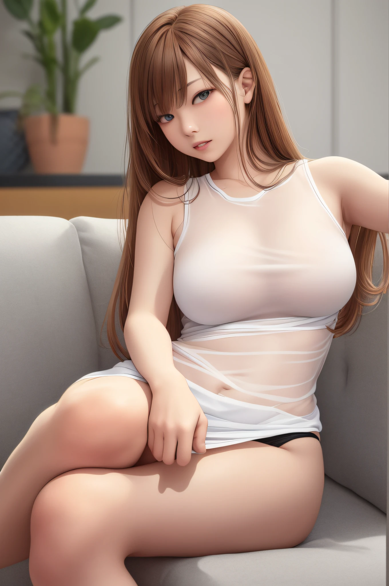 Daughter (Masterpiece:1.4), (8K, Real, Raw Picture, Best Quality: 1.4), Japan People, (1 girl), Beautiful Face, (Realistic Face:1.4), (Caramel Hair, Long Hair:1.3), Beautiful Hairstyle, Realistic Blue Eyes, Beautiful Detailed Eyes, (Realistic Skin:1.3), Beautiful Skin, Attractive, Ultra High Definition, Ultra Realistic, Very Detailed, Golden Ratio, (Detailed Face: 1.4), (Anna Tanaka), Tank top, black hair, white see-through panties, NSFW, nipple areola shape stands out, look here, sitting on sofa, pubic shape see-through, drenched in sweat