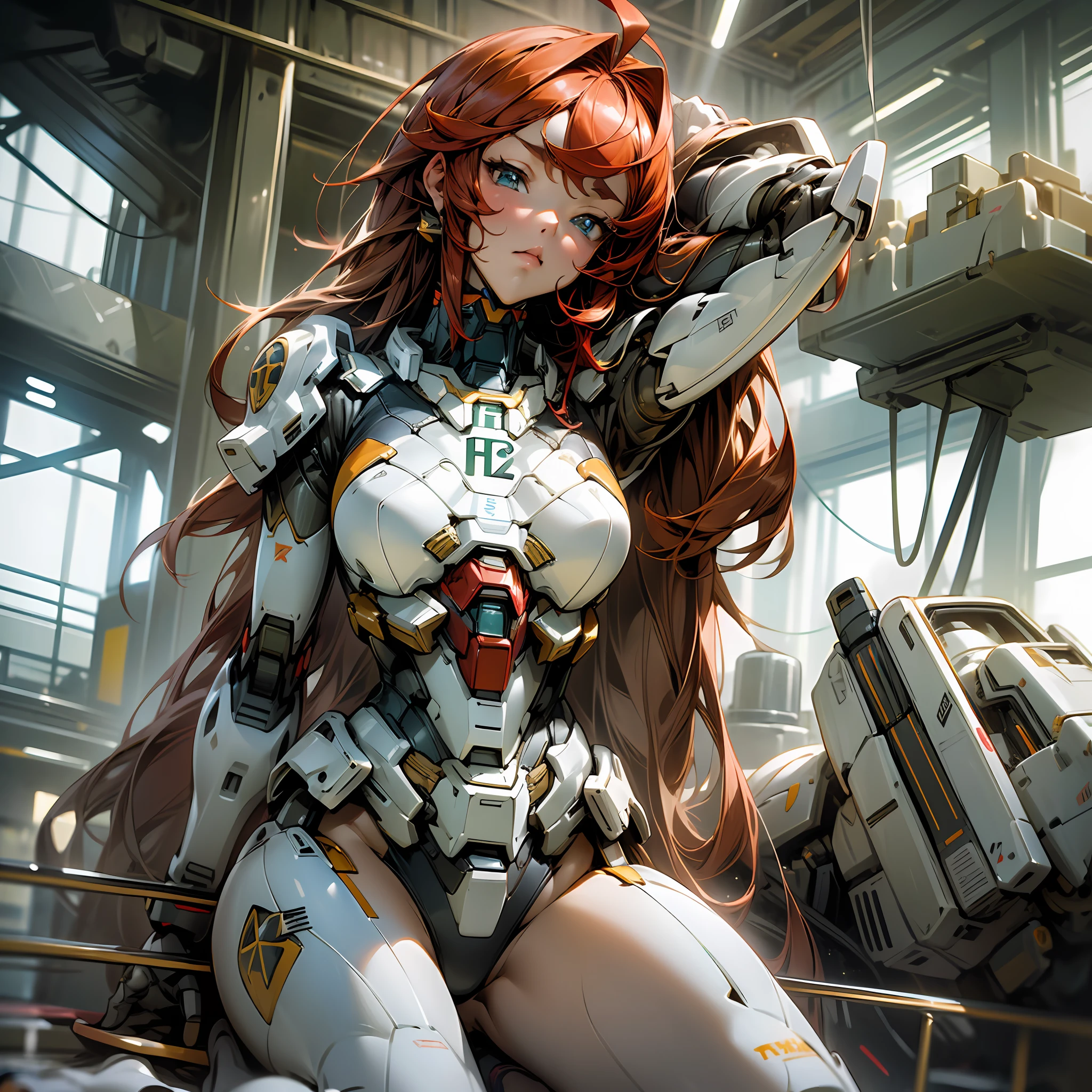 (masterpiece, top quality: 1.2), super detail, cinematic lighting, HDR, one bikini girl, full body, swimsuit, weightless, huge mobile suit behind, beautiful face, beautiful eyes, redhead, ahoge, slim body, small, factory, dynamic angle, dynamic pose, 200mm lens,