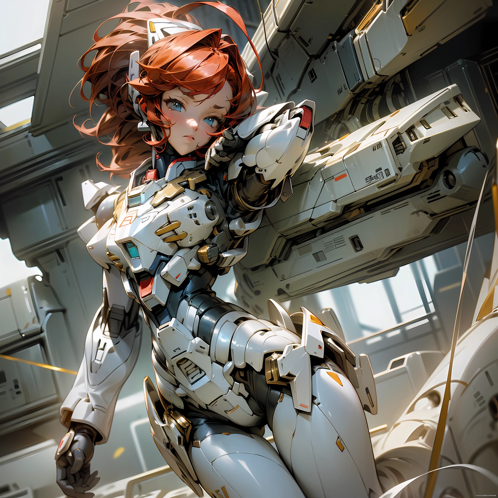 (masterpiece, top quality: 1.2), super detailed, cinematic lighting, HDR, mobile suit and plain bikini girl, full body, swimsuit, weightless, huge mobile suit behind, beautiful face, beautiful eyes, redhead, ahoge, slim body, small, factory, dynamic angle, dynamic pose, 200mm lens,