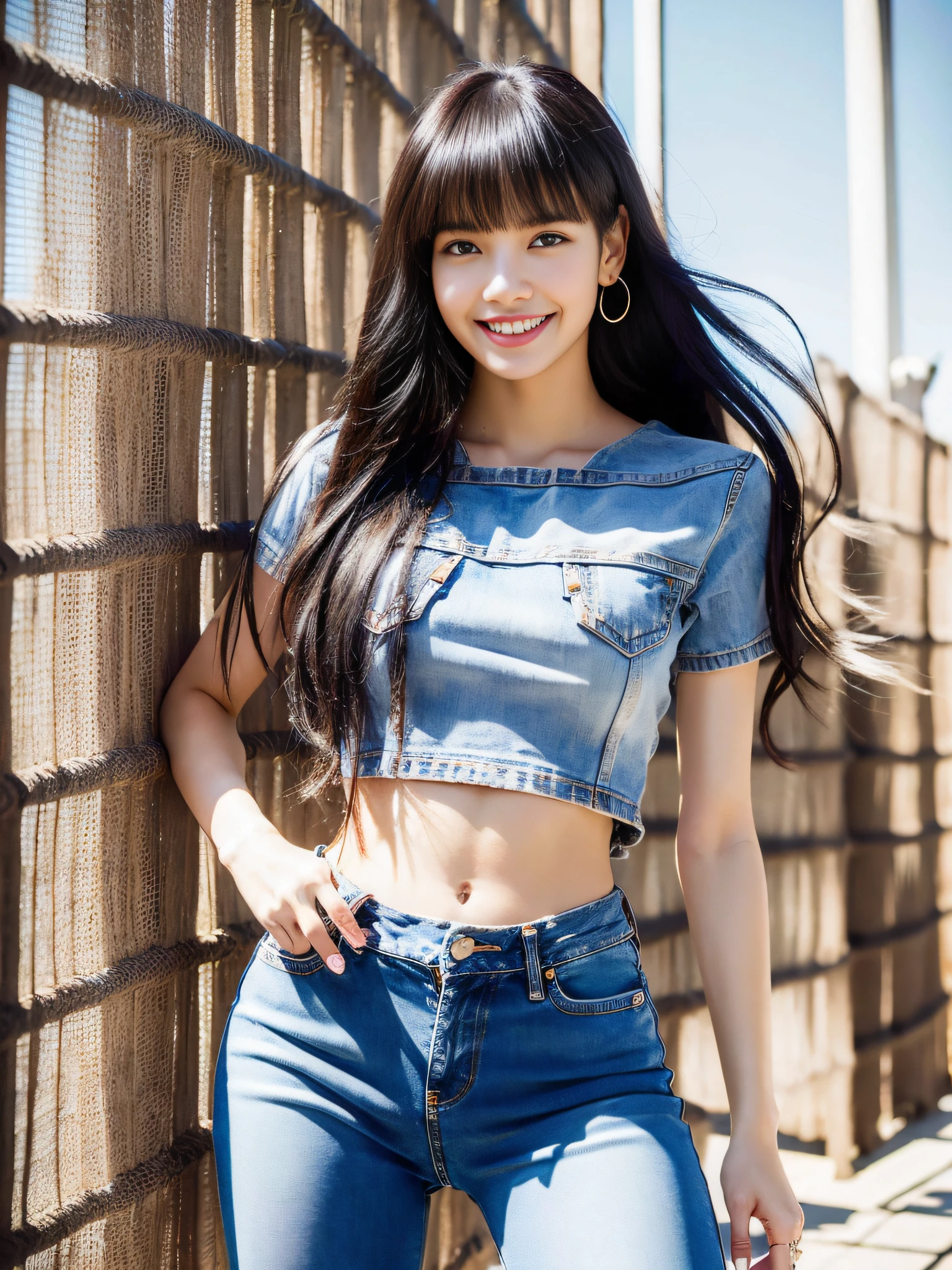 Lisa long hair, lisa face shape, smile, American vintage sportswear, short tight slip T-shirt, digital print, sexy, denim ripped pants, long legs, standing pose, masterpiece, superlative, realistic, HD, natural sunlight, 16k