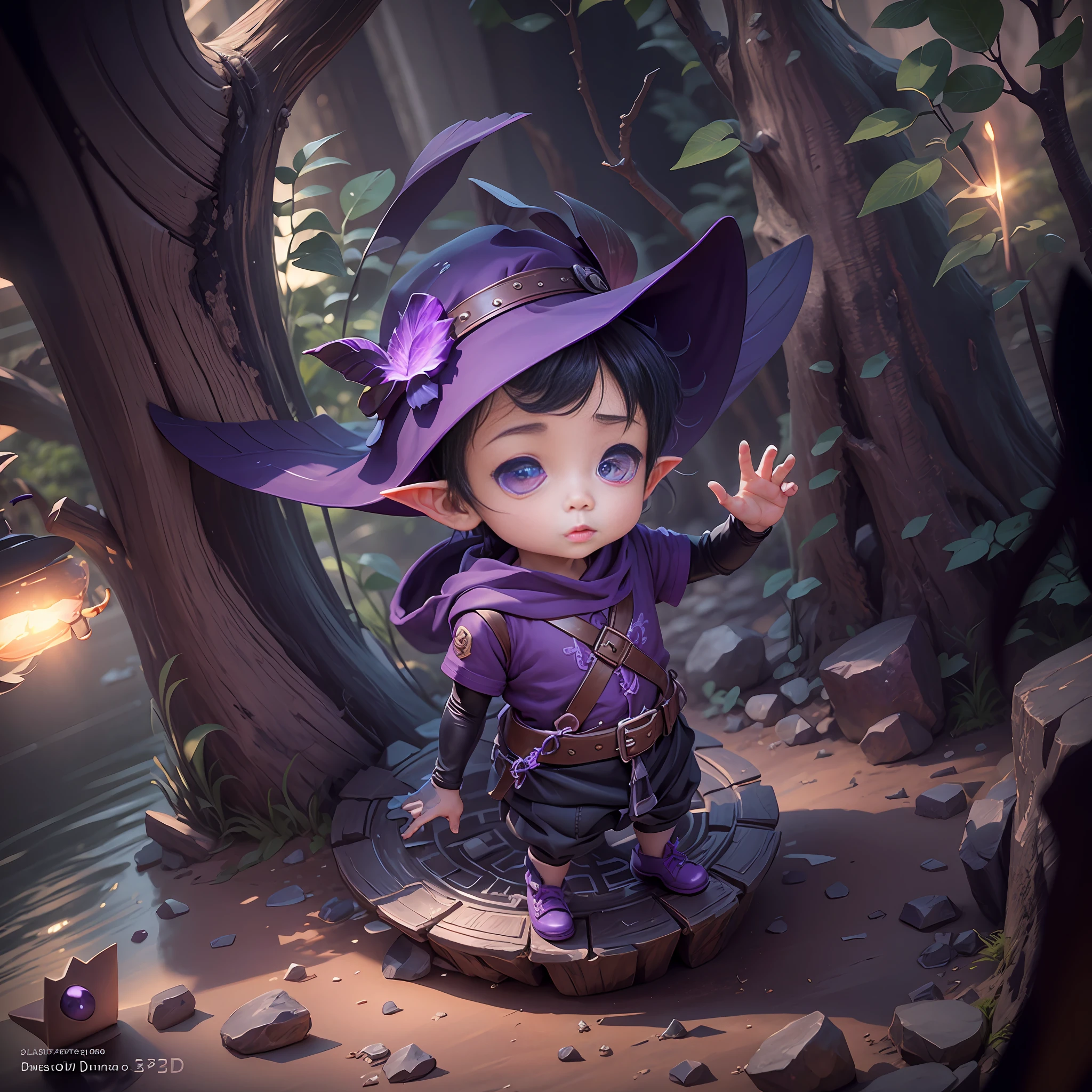 There is a little boy with elf ears standing on a rock, purple eyes, grape hat, wings, cute digital painting, children's art in Artstation, cute 3 D rendering, cute detailed digital art, Guweiz style artwork, 3 D rendering stylization, realistic fantasy rendering, cute digital art, digital painting highly detailed, 3 D rendered character art 8 K, anime style 3d, cartoon IP image, blind box --auto --s2