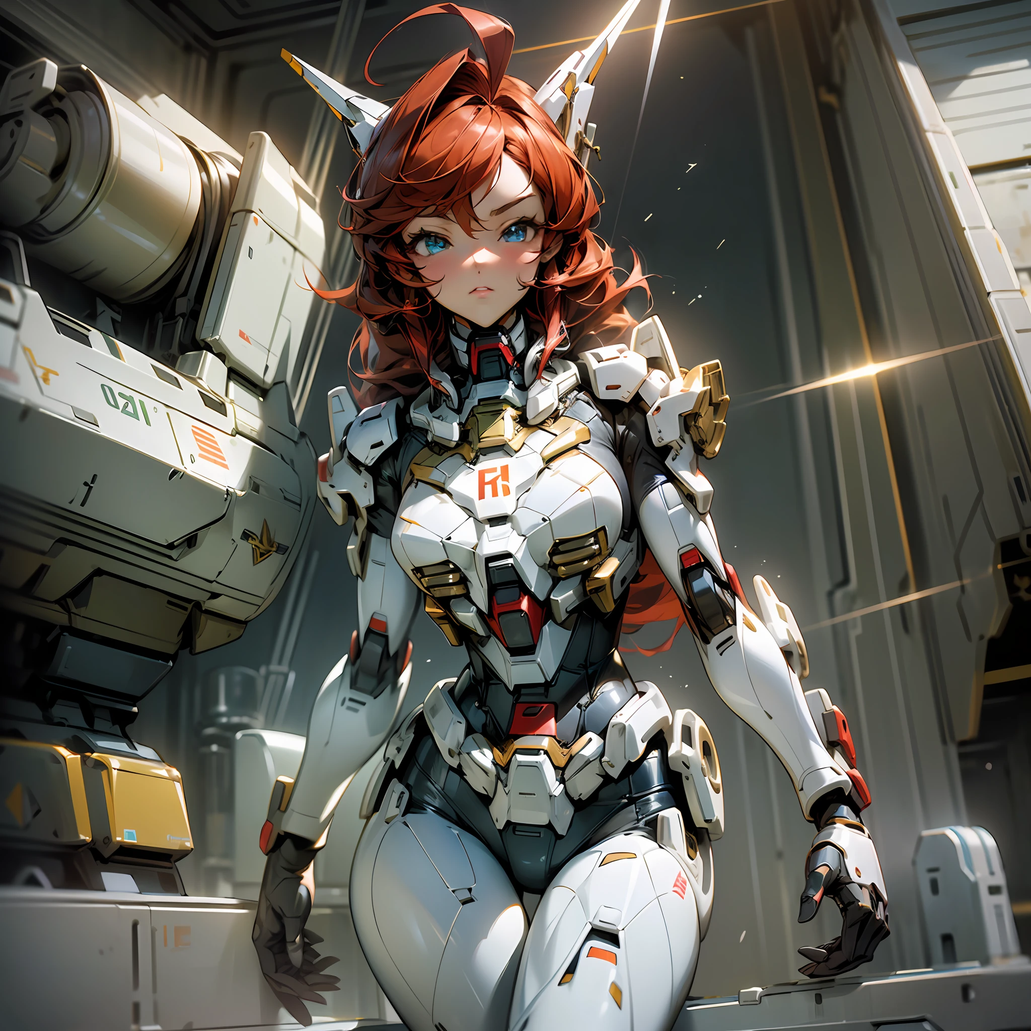(masterpiece, top quality: 1.2), super detailed, cinematic lighting, HDR, mobile suit and plain bikini girl, full body, swimsuit, weightless, huge mobile suit behind, beautiful face, beautiful eyes, redhead, ahoge, slim body, small, factory, dynamic angle, dynamic pose, 200mm lens,