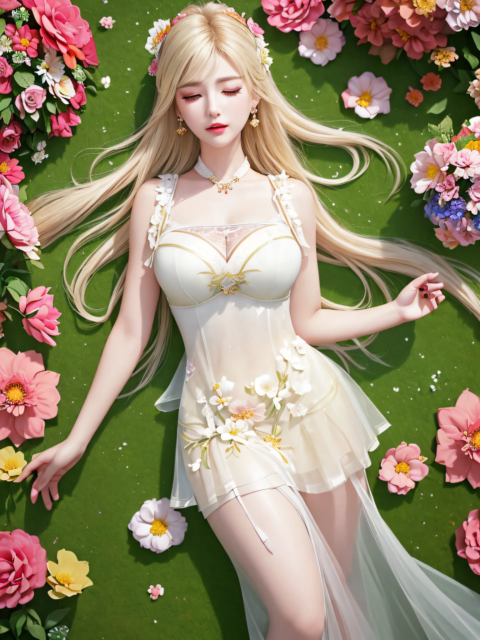 (((Female teacher lying in the flower garden)))v6, earrings, full body v6, (long golden white hair), translucent clothes, looking, superb, ultra high definition, RAW photography, realism 1.25), (bright lip gloss, long eyelashes, smooth) face, bright skin, natural shadows, wide light, wide light, depth of field, strong colors, subtle caustics: 0.8), (big), v6 ( Bra made of transparent white and red flowers, miniskirt,))), sleeveless, (eyes closed, face down)), lower body slender, behind the woman, there are various beautiful flowers (absurd, high resolution, super detailed), ((a little dirty all over, the clothes are also torn))