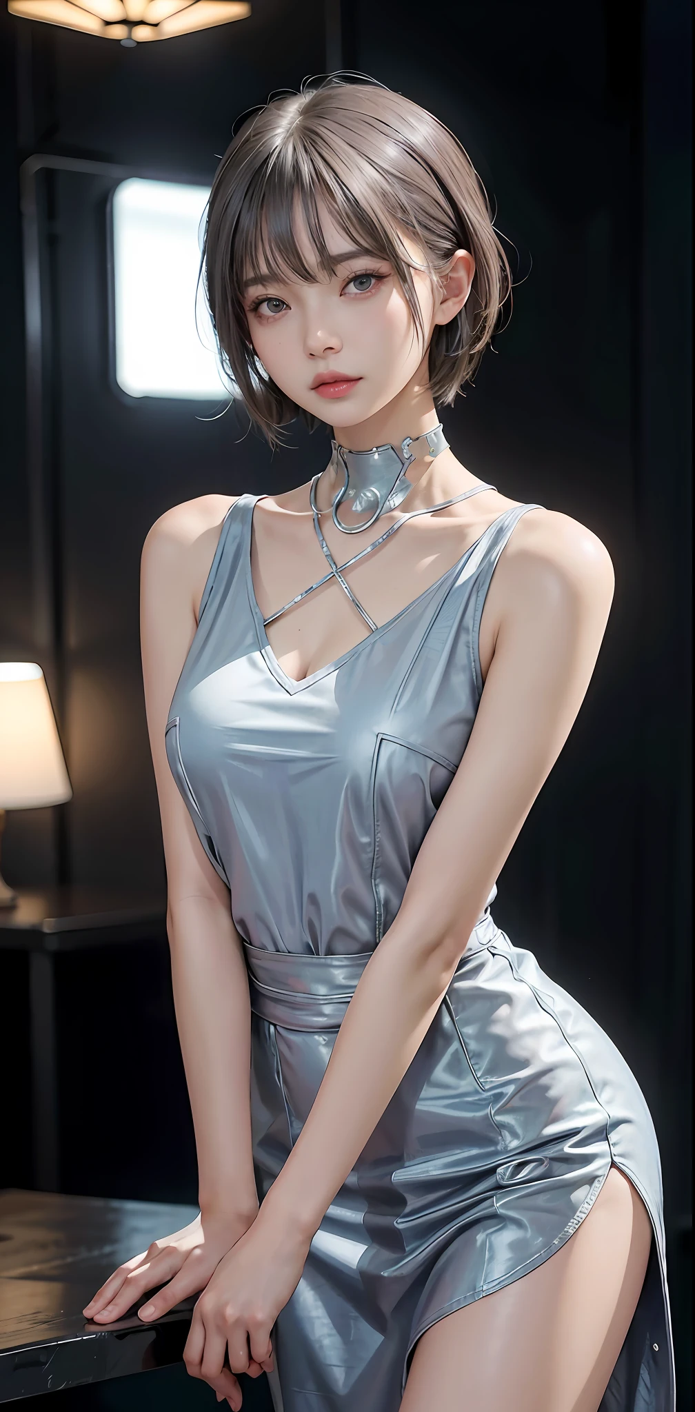 Masterpiece, 1 Beautiful Girl, Detailed Eyes, Swollen Eyes, Top Quality, Ultra High Resolution, (Reality: 1.4), Original Photo, 1Girl, Cinematic Lighting, Japanese, Asian Beauty, Korean, Very Beautiful, Beautiful Skin, Slender, Body Facing Front, (Ultra Realistic), (High Resolution), (8 K), (very detailed), (best illustration), (beautifully detailed eyes), (super detailed), detailed face, looking viewer, facing straight ahead, neat clothes, sleeveless, short hair, silver hair, 46 point slanted bangs, cyberpunk background, neat and clean,