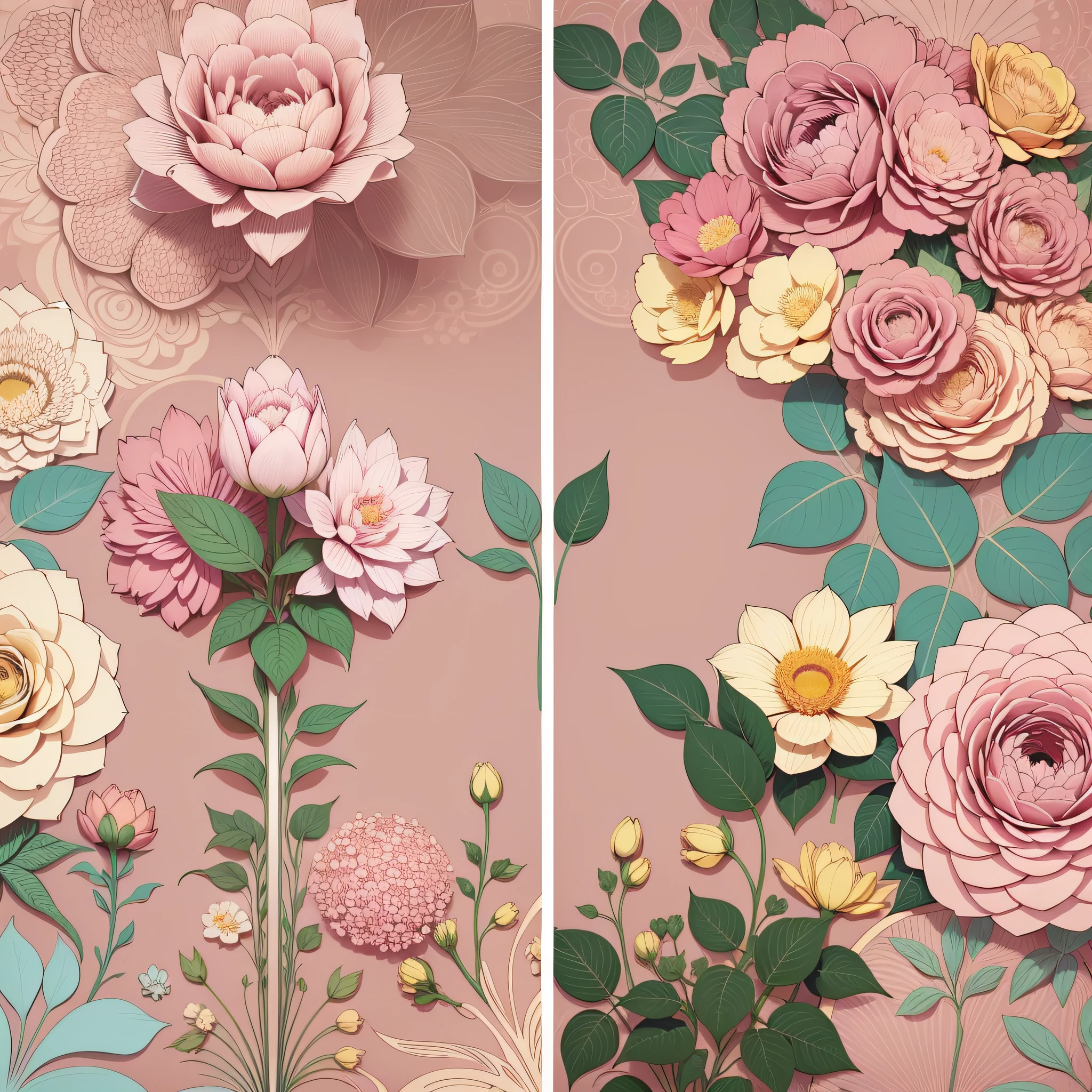 Set pattern of large flowers with plants, defined shape, flat style, vector style, drawing style, naïve style, wallpaper style, in soft pastel colors such as old pink, pastel blue, light blue, beige, pastel yellow. No shadows in the images.