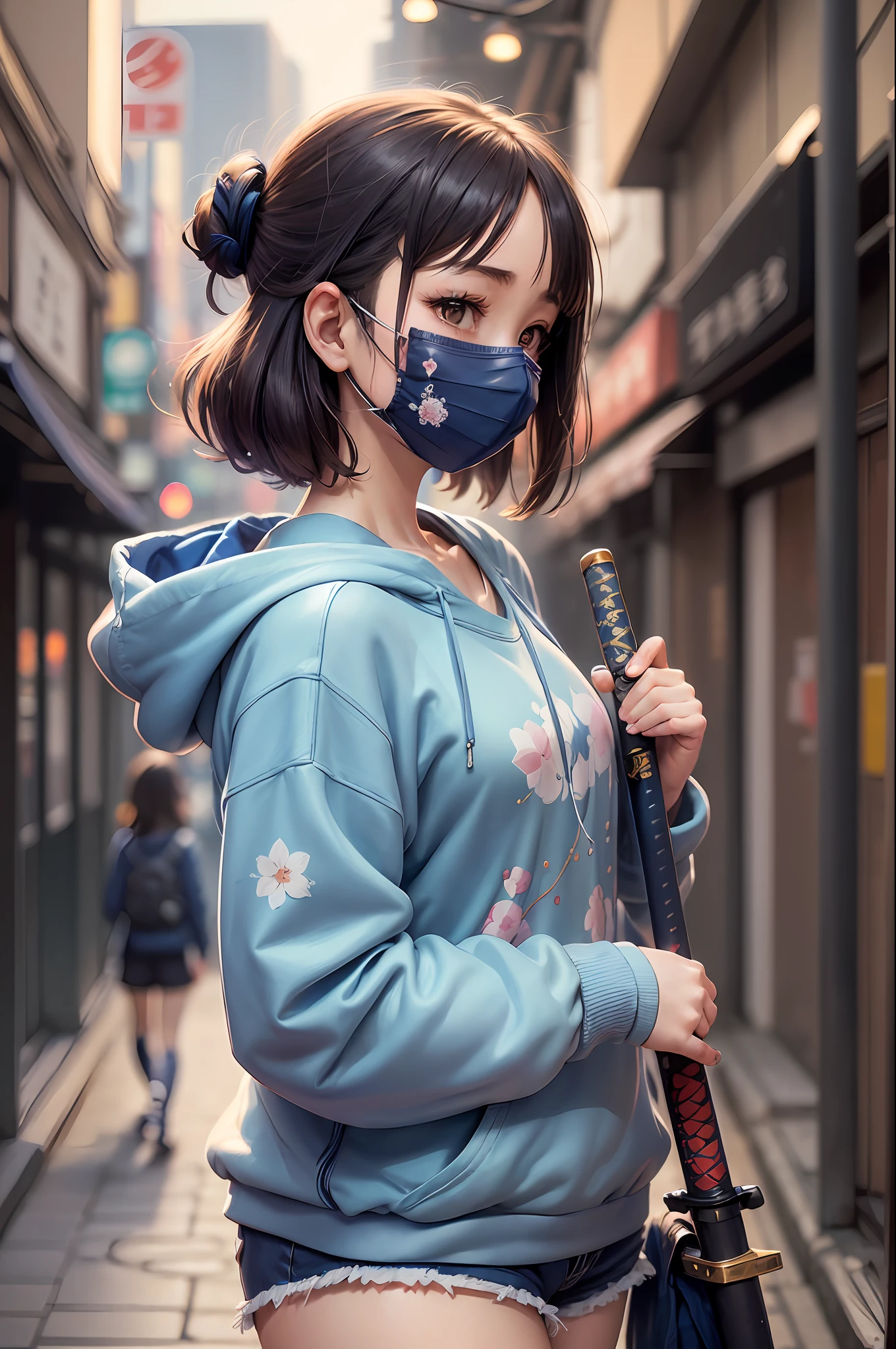 (Minute details, masterpiece, delicate work), ((anime style)), fluid stroke, girl, (blue sweatshirt), (wearing mask), (wearing shorts),((carrying katana)), age body, proportional, symmetrical body, top quality,soft focus,(((Just 1girl))), Tokyo city background,aesthetic lofi --auto --s2