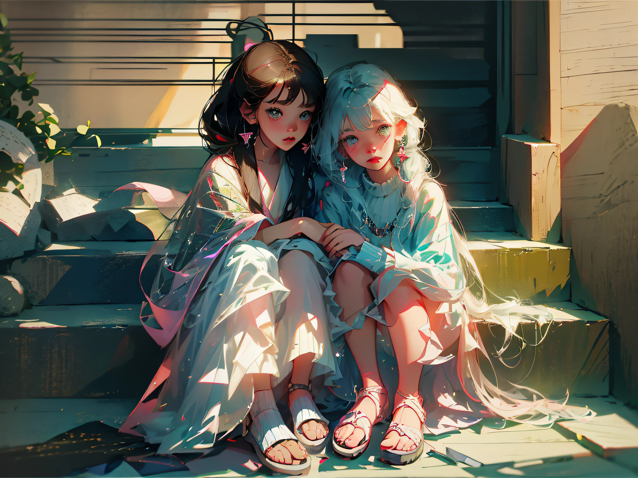 Two girls, a middle-aged and a child, full body photos, beaten and bullied, beautiful, realistic, anime style. --auto --s2