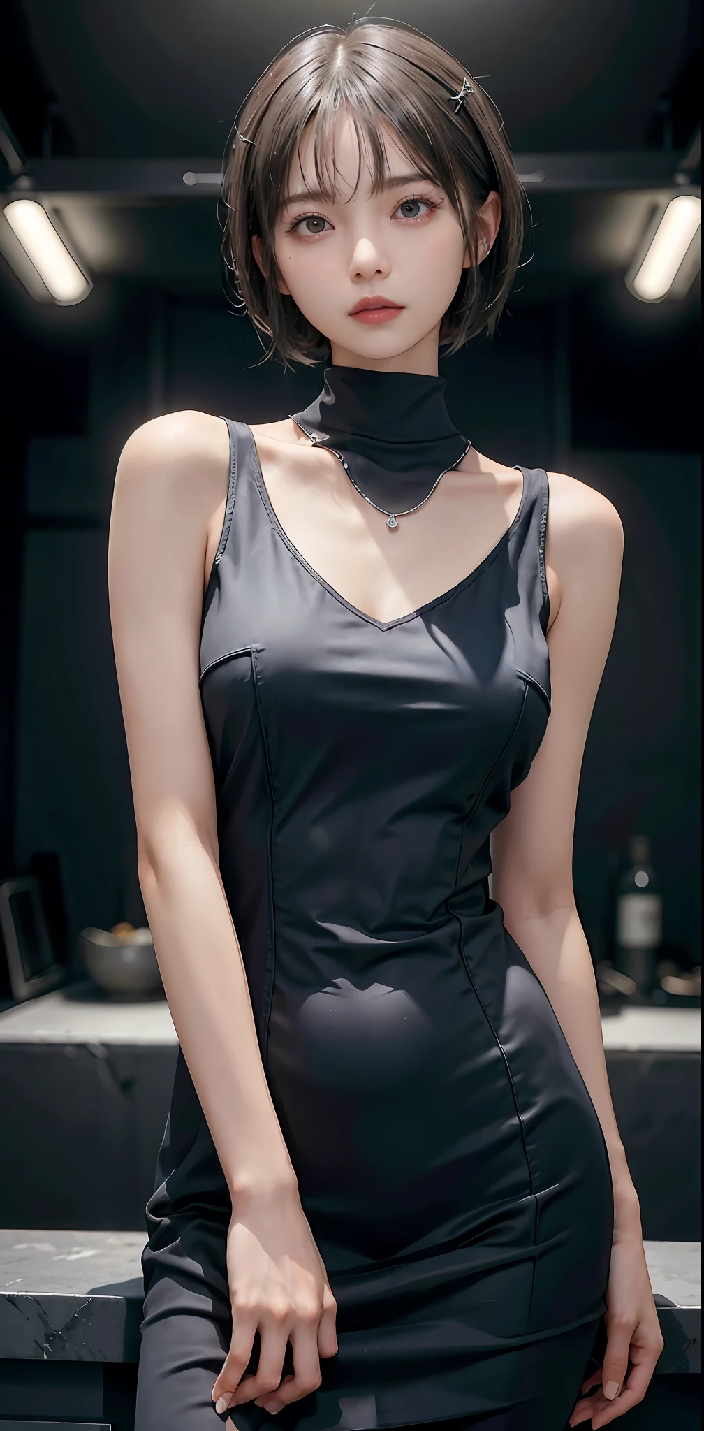 Masterpiece, 1 Beautiful Girl, Detailed Eyes, Swollen Eyes, Top Quality, Ultra High Resolution, (Reality: 1.4), Original Photo, 1Girl, Cinematic Lighting, Japanese, Asian Beauty, Korean, Very Beautiful, Beautiful Skin, Slender, Body Facing Front, (Ultra Realistic), (High Resolution), (8 K), (very detailed), (best illustration), (beautifully detailed eyes), (super detailed), detailed face, looking viewer, facing straight ahead, neat clothes, sleeveless, short hair, silver hair, 46 point slanted bangs, cyberpunk background, neat and clean,