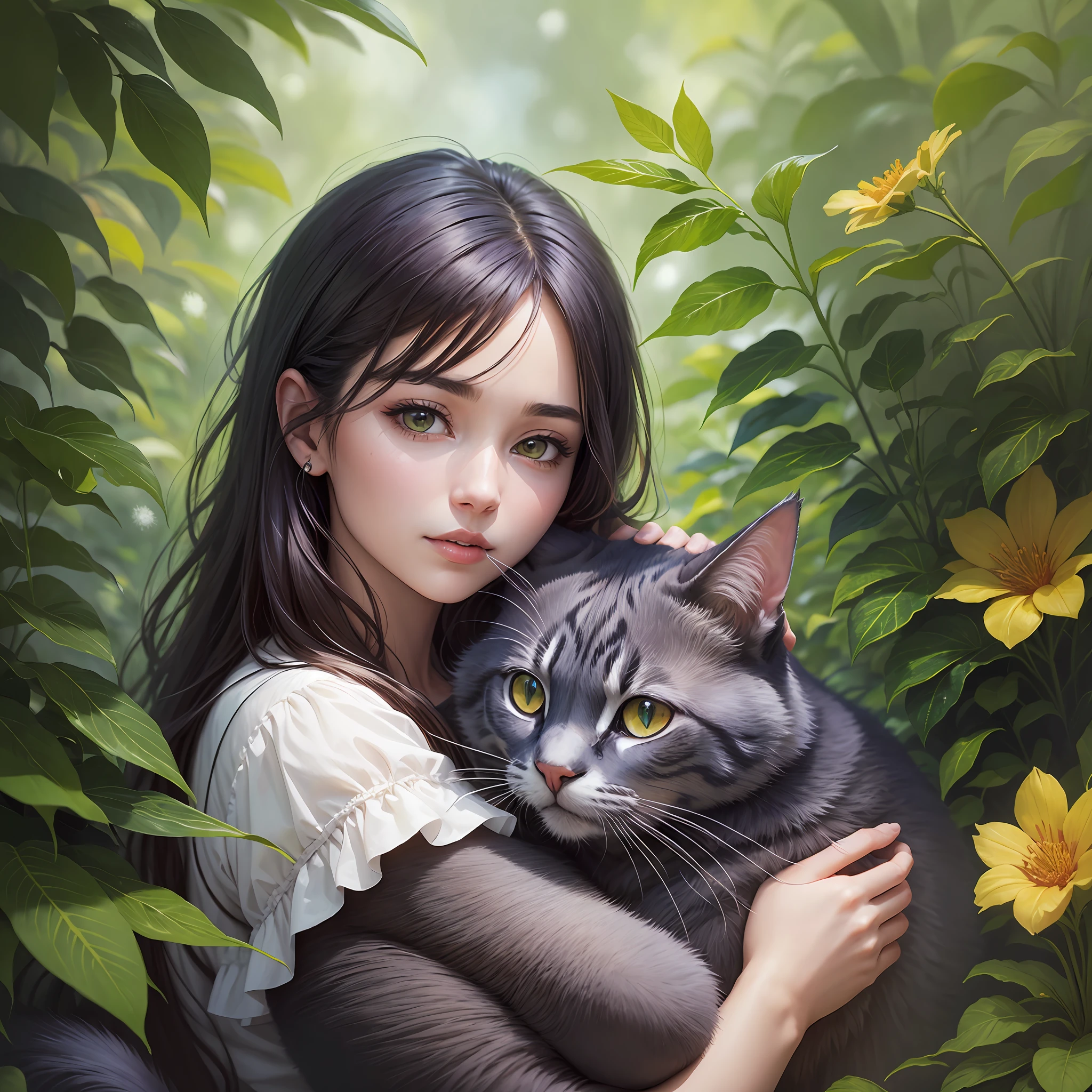 a woman on a holding a cat and arainbow color in a plant, in the style of hyper-realistic portraiture --ar 3:4 --niji 5 --auto --s2
