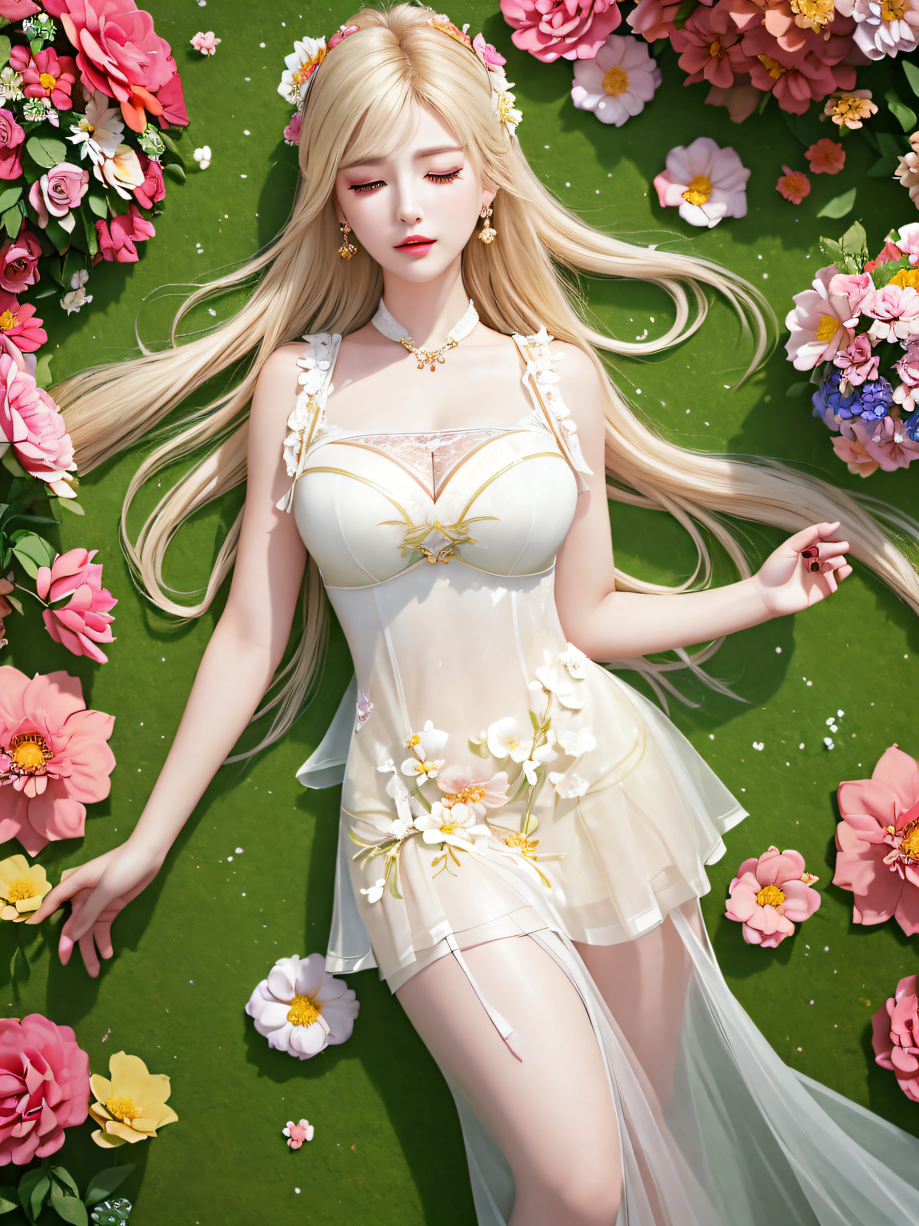 (((Female teacher lying in the flower garden)))v6, earrings, full body v6, (long golden white hair), translucent clothes, looking, superb, ultra high definition, RAW photography, realism 1.25), (bright lip gloss, long eyelashes, smooth) face, bright skin, natural shadows, wide light, wide light, depth of field, strong colors, subtle caustics: 0.8), (big), v6 ( Bra made of transparent white and red flowers, miniskirt,))), sleeveless, (eyes closed, face down)), lower body slender, behind the woman, there are various beautiful flowers (absurd, high resolution, super detailed), ((a little dirty all over, the clothes are also torn))