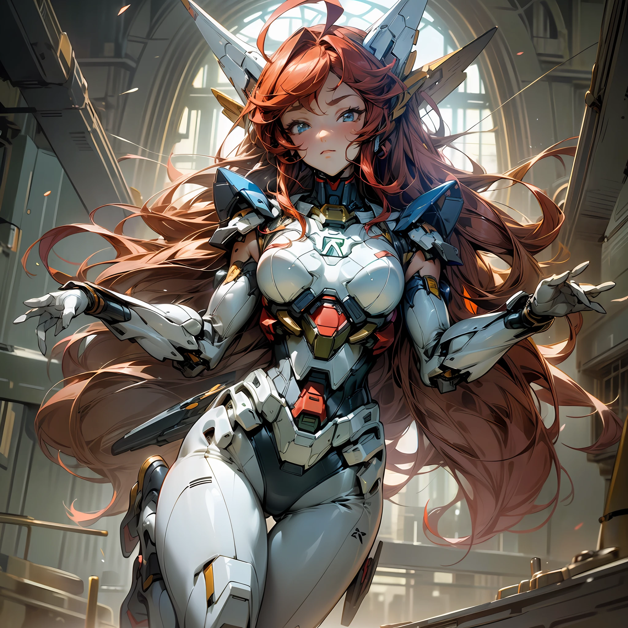 (Masterpiece, top quality: 1.2), super detail, cinematic lighting, HDR, witch in swimsuit, full body, swimsuit, weightless, huge mobile suit behind, beautiful face, beautiful eyes, redhead, ahoge, slim body, small, factory, dynamic angle, dynamic pose, 200mm lens,