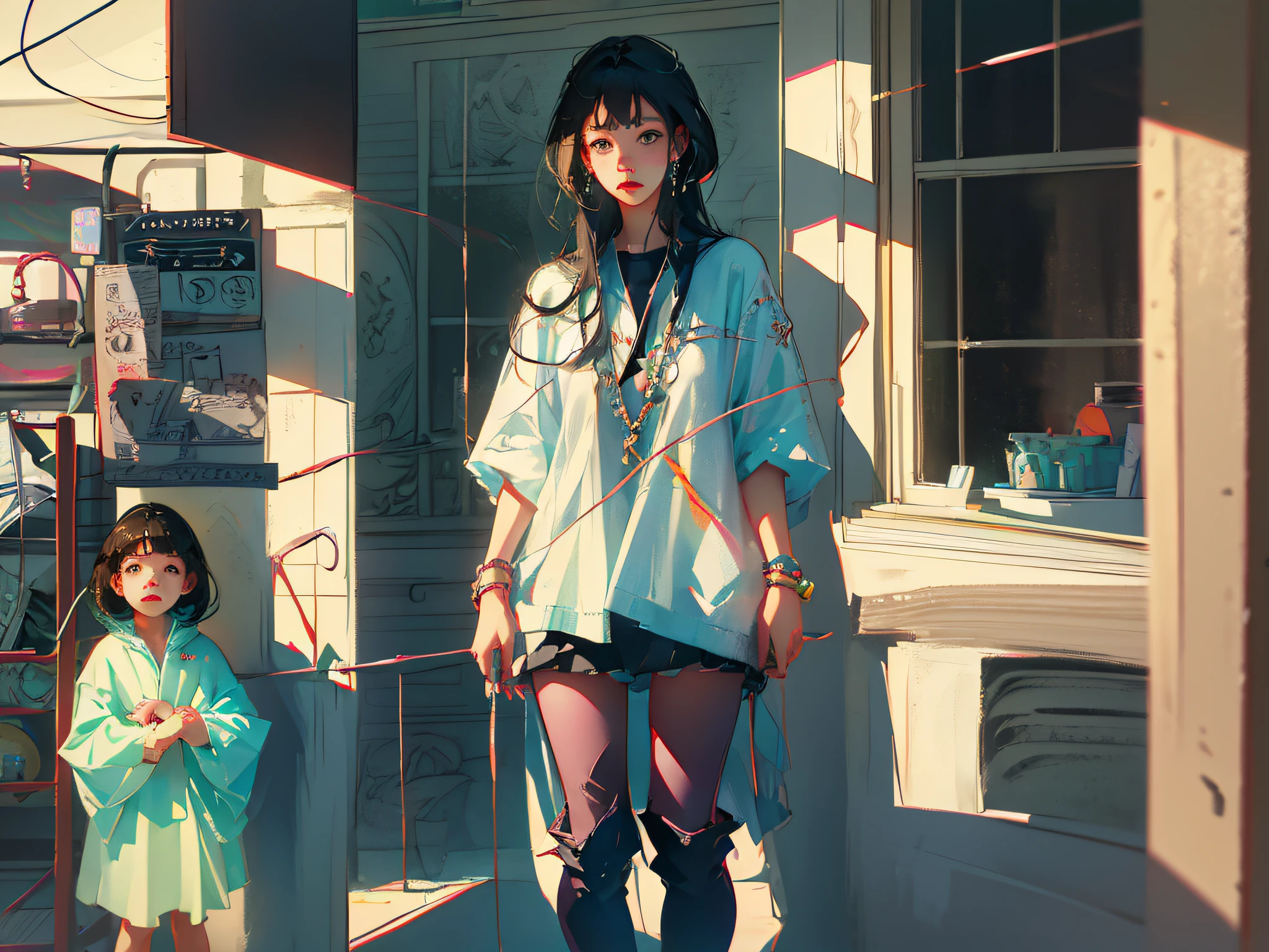 Two girls, a middle-aged and a , full body photos, beaten and bullied, beautiful, realistic, anime style. --auto --s2