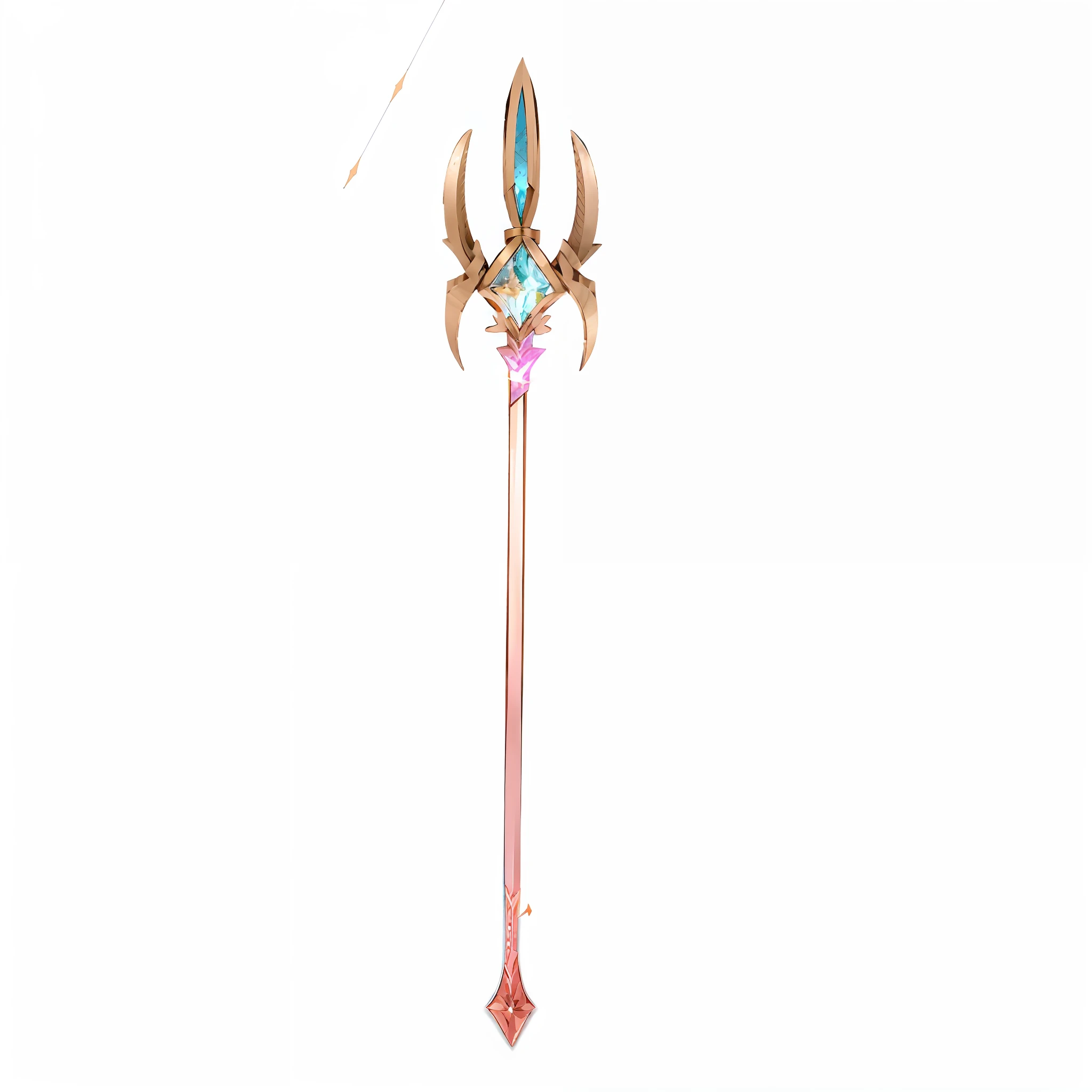 there is a very long sword with a blue and gold handle, intricate fantasy spear, scepter, metallic scepter, fantasy weapon, magical fishing rod weapon, draconic staff, with scepter and crown, polearm, glowing draconic staff, ornate korean polearm behind her, rpg game item, bone scepter, magic wooden staff, large sword