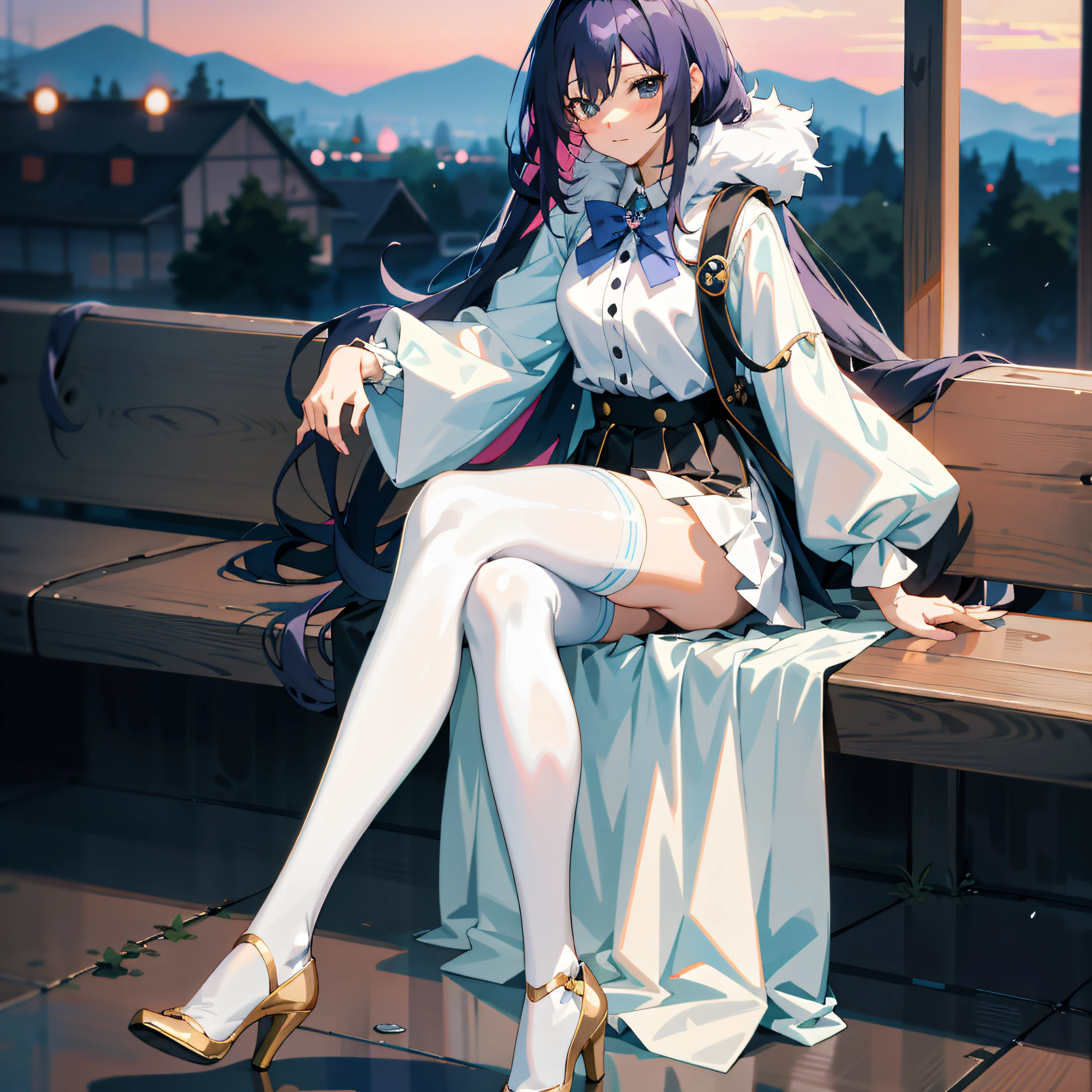 Anime girl sitting on bench with legs crossed, beautiful anime girl squat, anime style 4 K, cute anime waifu wearing beautiful clothes, seductive anime girl, beautiful anime girl, anime art wallpaper 8 K, beautiful and attractive anime woman, best anime 4k konahan wallpaper, anime moe art style, anime girl squat, beautiful anime woman, black stockings, jk skirt