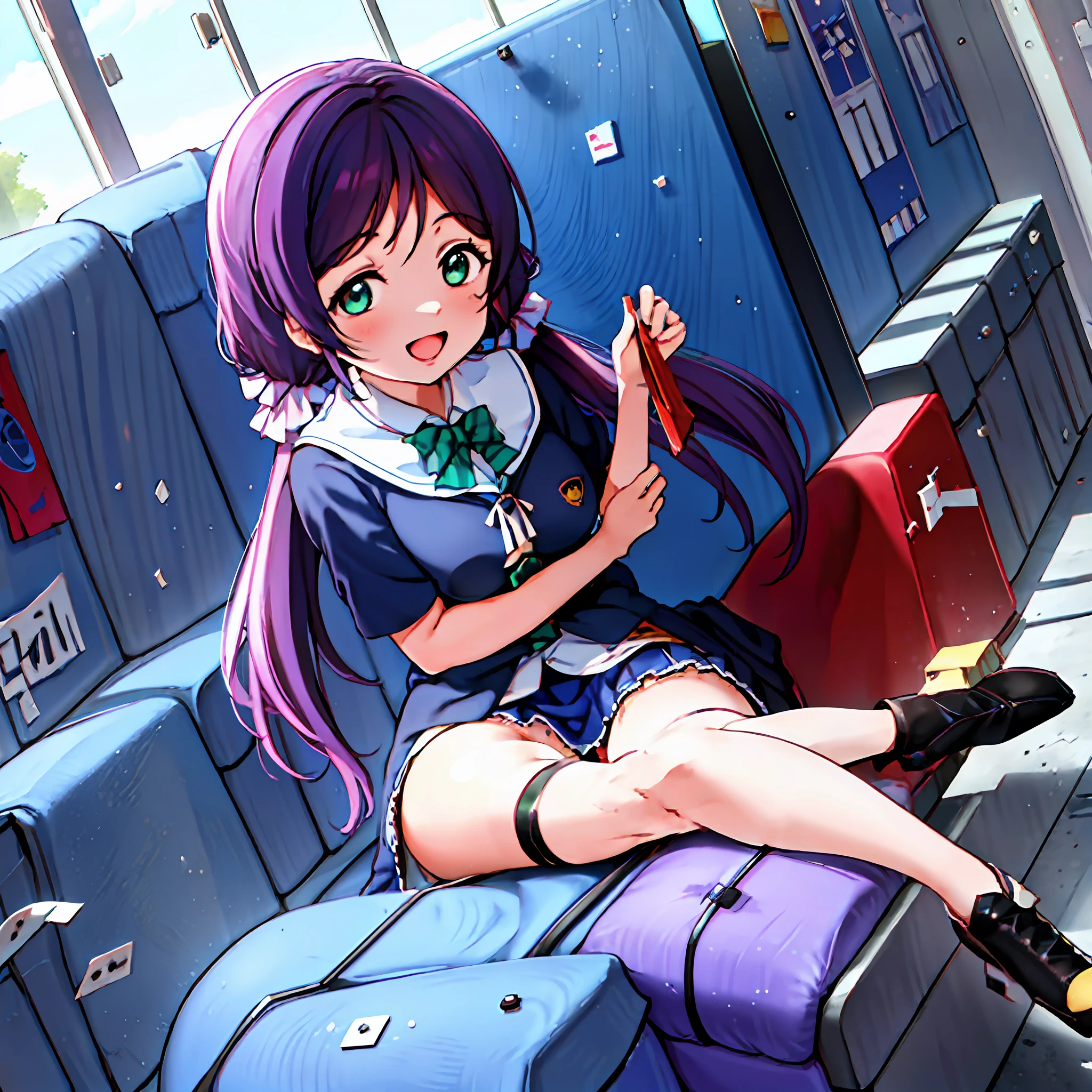1girl, solo,(best quality),(masterpiece:1.1),blue (school uniform:1.4),dress, looking_at_viewer, neck_ribbon, smile, black eyes , studio background, cute, clear facial skin