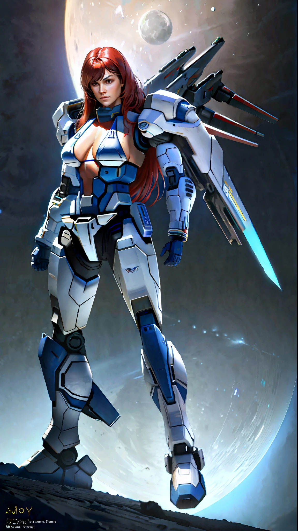 (((Masterpiece)),realistic photography, (solo exhibition: 1.4), (((A beautiful woman wearing a bikini mech suit with sexy on the body))) long hair, cute face, stylish and threatening design, bust, highly detailed, high detail background, combat, planet, hover, a giant shield, shoulder armor, mechanical tailgate, science fiction, fighter jet flying over the earth in space with the moon in the background, concept art, space art,