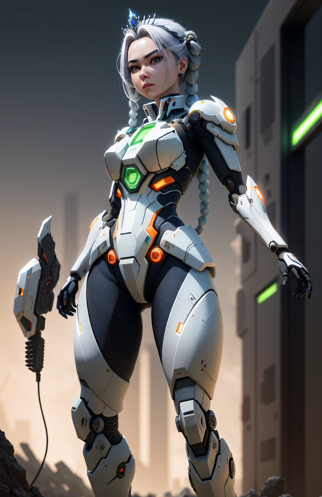 (Best Quality)), ((Masterpiece)), (Very Detailed: 1.3), 3D, master chef-mecha, Beautiful cyberpunk woman wearing crown, with master chef style armor, sci-fi technology, HDR (High Dynamic Range), ray tracing, nvidia RTX, super resolution, unreal 5, subsurface scattering, PBR texture, post-processing, anisotropic filtering, depth of field, maximum sharpness and sharpness, multi-layer texture, Specular and albedo mapping, surface shading, accurate simulation of light-material interactions, perfect proportions, octane rendering, duotone lighting, low ISO, red balance, rule of thirds, wide aperture, 8K RAW, high efficiency subpixels, subpixel convolution, light particles, light scattering, Tyndall effect, very sexy, full body, battle pose, silver hair with braids,