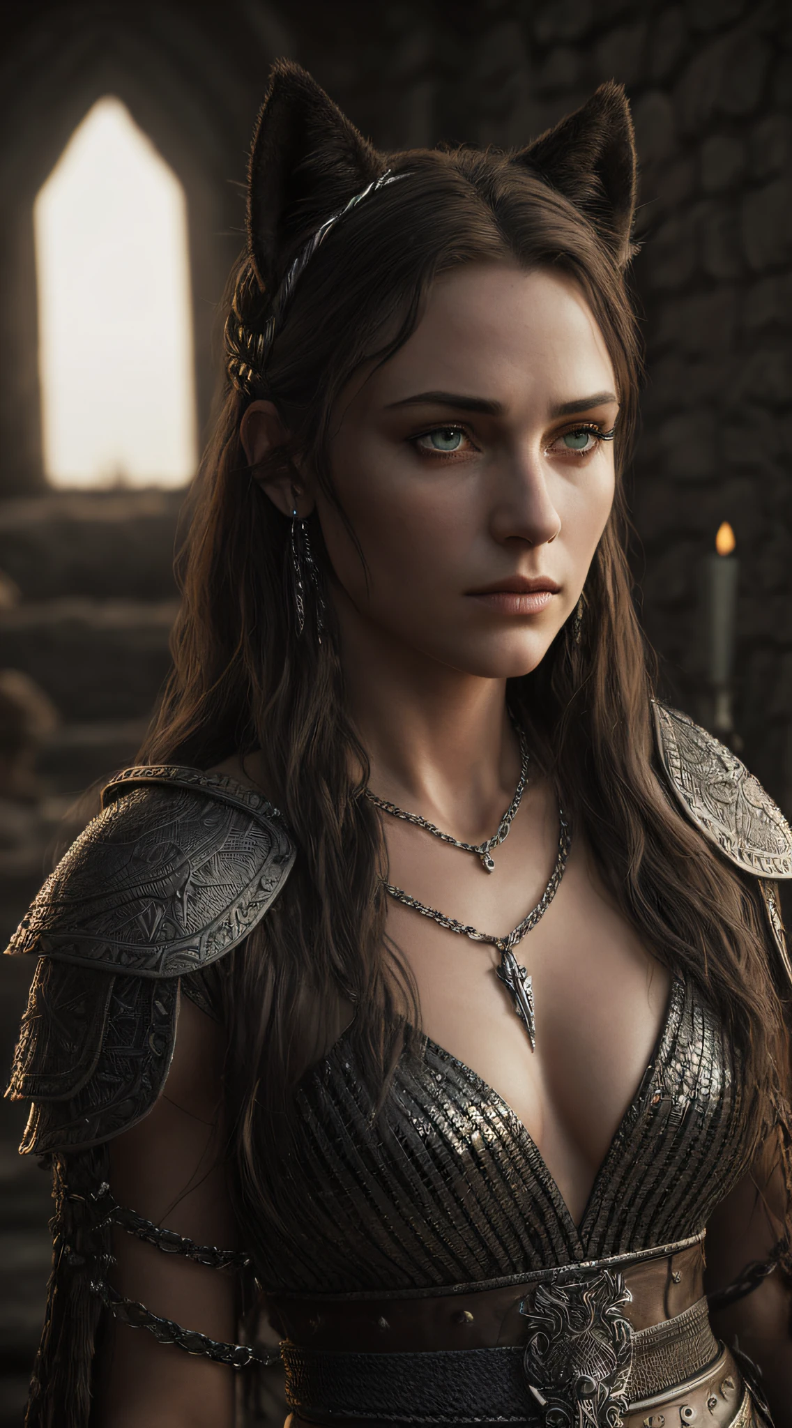 (Highest quality:1.3), cinematic shot, masterpiece, cinematic lights, cinematic scene, (sharp focus:1.5), (photorealistic:1.3), medium portrait of (a weary-looking but still proud and fierce-looking woman Viking warrior and your big black wolf, now the leader of his village, dressed in elaborately detailed chain mail and leather armour, a few torches burn on the walls, giving the scene a dark atmosphere but sculpting the forms in sharp chiaroscuro), it is night time, (highly detailed skin), (detailed face), detailed background, dark lighting, twilight lighting, volumetric lighting, intricate details, UHD,