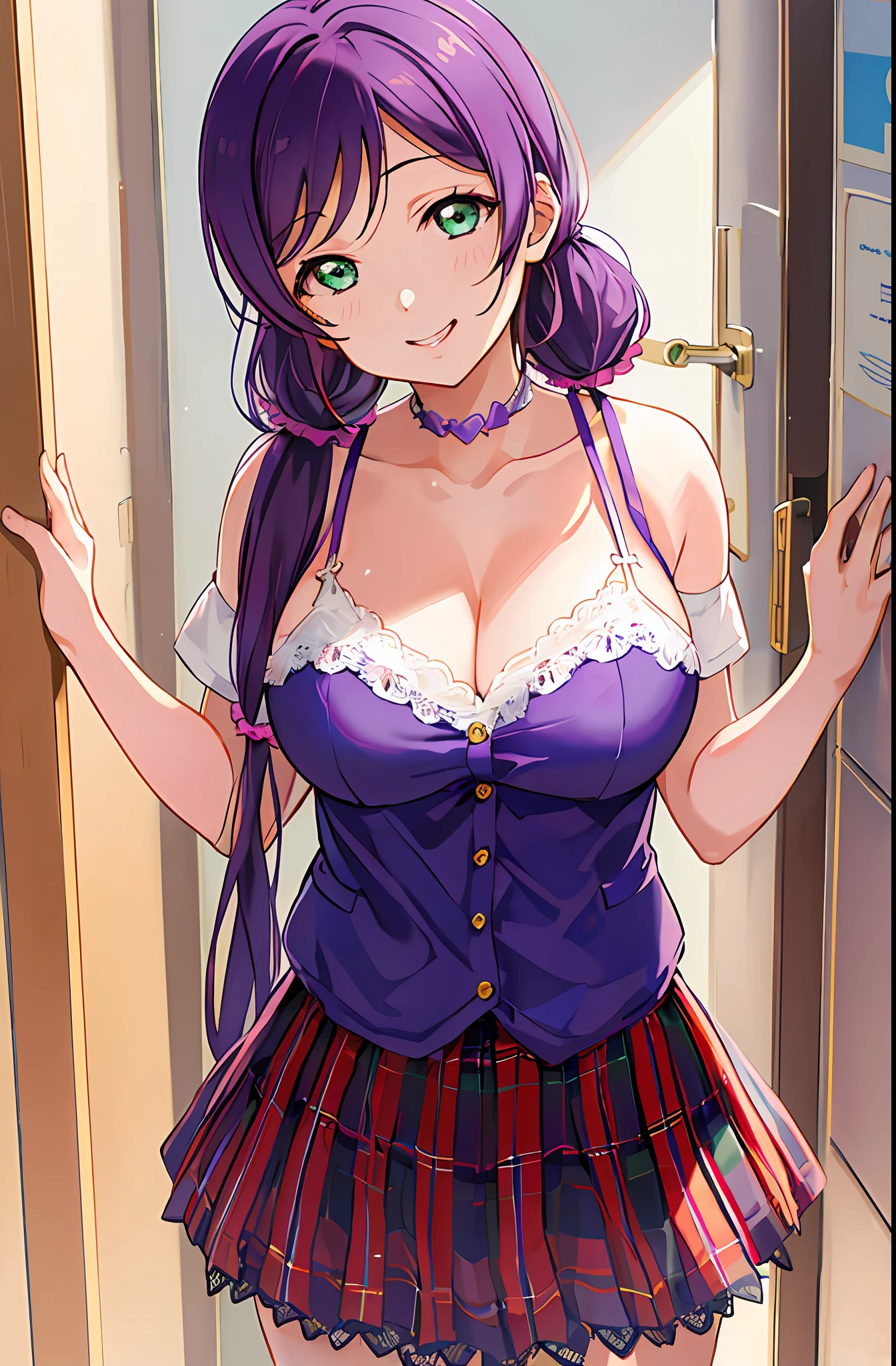 (love live! school idol project:1.15763), (love live!:1.15763), (toujou nozomi:1.15763), purple hair, green eyes, (large breasts:1.4), (long hair), (low twintails:1.3),