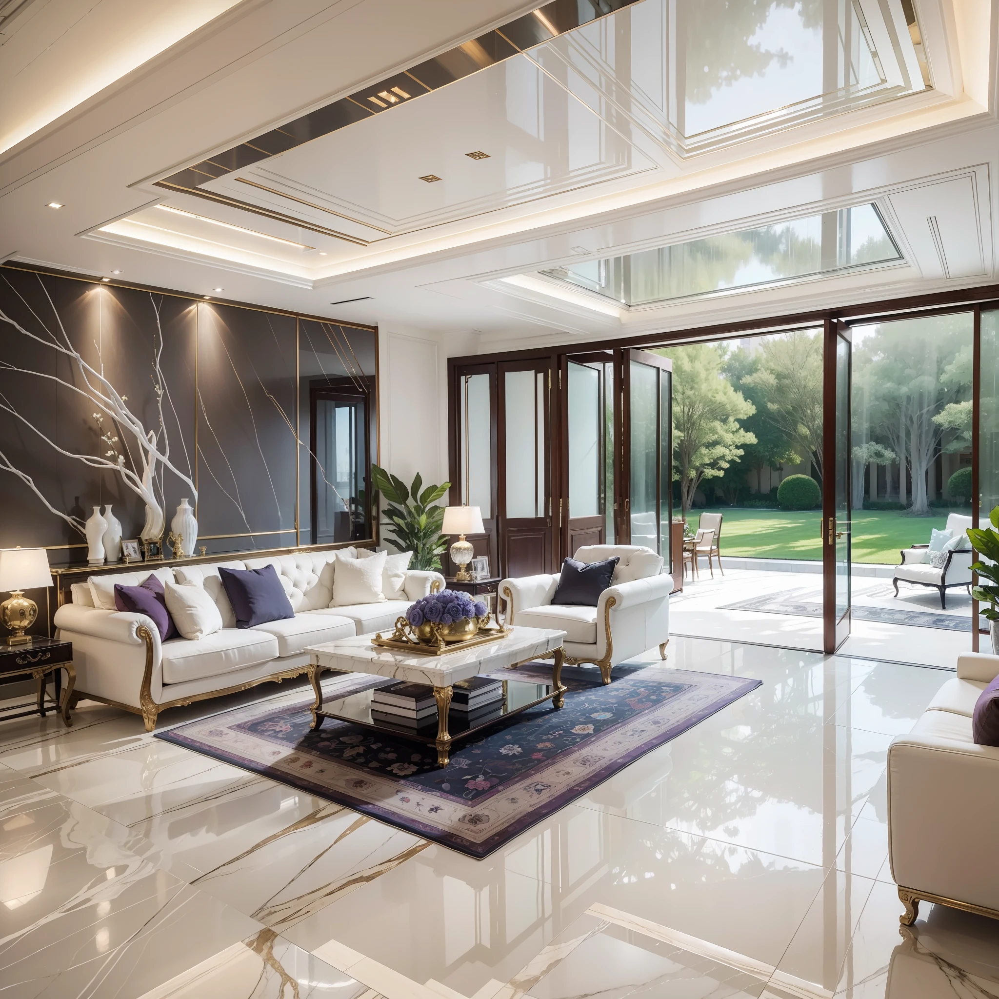 (masterpiece), best picture quality, creativity, superb interior design, luxury, rich design elements, pure white/lavender/metallic/wood/greenery, sliding doors and marble floor, artwork, wide angle, panoramic view.