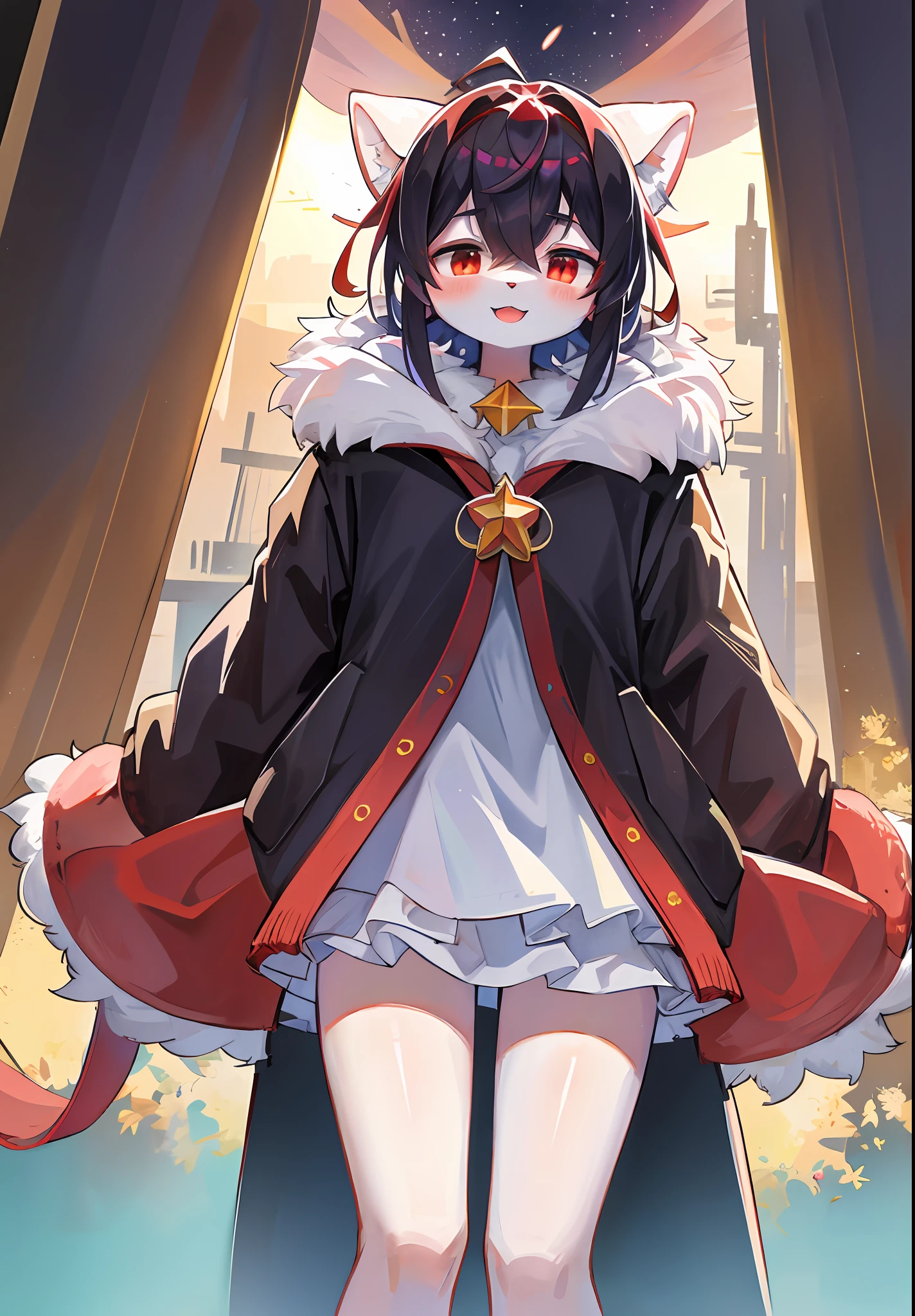 (masterpiece:1.3), (2D:1.0), (anime:1.0), (illustration:1.0), (sharp:1.2), (hard light:1.0), (shadow:1.0),(reflection, refraction:0.8), (light, dappled light, glare, lens flare, Tyndall effect: 1.0), (sharp, shiny: 1.0), (Best Quality: 1.2), (Ultra Fine: 1.0), (Extremely Complex: 1.0), (Blurred foreground, Cinematic Light, Ray Tracing: 1.1), (bright_colors, dark_intense_shadows: 1.1), (Impasto, Colorful: 1.2), (warm_light_from_below, glow_white_ particles：1.1），（Ensemble_Stars！ _\(style\):0.95). wolf_boy,anthro,uploaded_on_e621,solo,upper_body,cowbow_shot,male_focus,furry_kemono,furry_male,cub,young_male,bishounen,11_years_old,kawaii,cute,fancy,fragile,cool, handsome. detailed_fluffy_fur,tuft,(white_fur,body_fur,oil_skin,skin_with_fluffy_fur:1.3),animal_nose,animal_ear_fluff,fluffy_paws,pawpads,animal_hand,fluffy_big_tail。 Black clothes, (black and red hooded cape, red and black hoodie: 1.5), short male hair, black hair, purple eyes, closed eyes, bangs, red dull hair, open mouth, smile, light blush, goggles, raised hand, holding red dagger, red metal leg ring on the thigh of the right leg is short, bottomless, (lying down: 1.2), looking at the left front. (night, starry_sky, crescent_moon, star_\(sky\), gem, plant, star_\(symbol), sparkle), outdoor, landscape