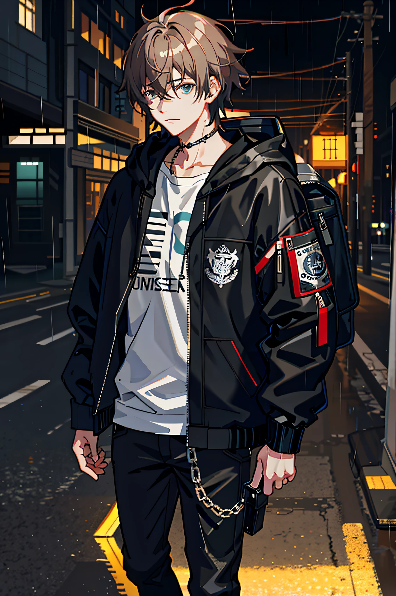 1male, jacket, rain, outdoors, hoodie, open jacket, chain, backpack, looking at another person, messy hair, trends on artstation, 8k resolution, very detailed, anatomically correct, clear images, digital painting, concept art, trends on pixiv, Makoto Shinkai style,