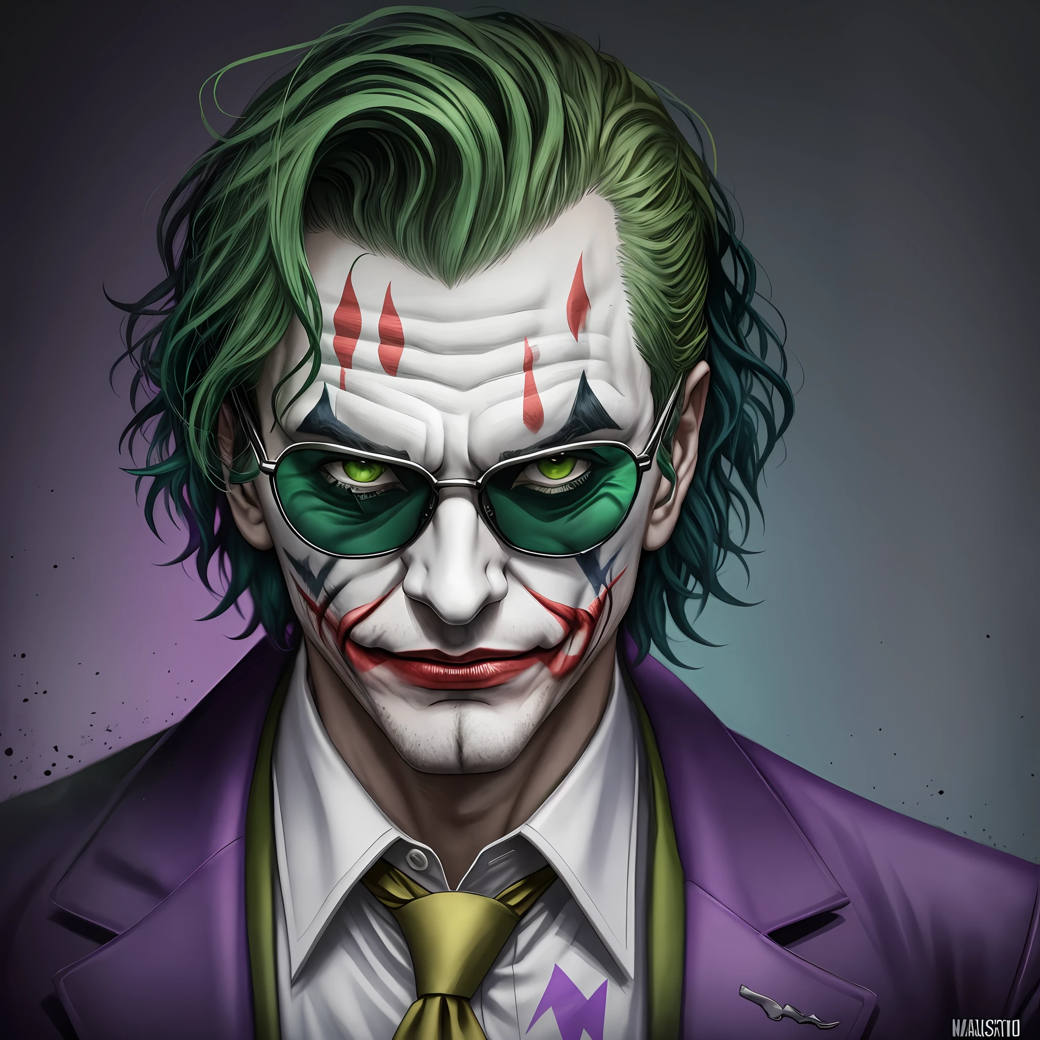 Joker painting of a man with green hair and yellow jacket, oakley juliet glasses on his face, digital art by Nicholas Marsicano, reddit, digital art, portrait of the joker, portrait of the joker, portrait of a joker, the joker, joker, the joker (2019), #1 digital painting of all time, #1 digital painting of all time, still joker movie --auto --s2