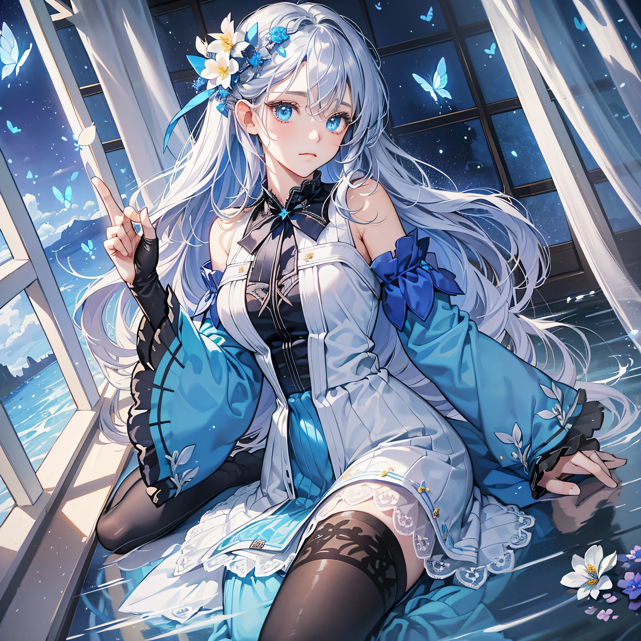 (Overhead view),dynamic angle,ultra-detailed, illustration, close-up, straight on, 1girl, (fantasy:1.4), (azure blue eyes:1.233),Her eyes shone like dreamy stars,(glowing eyes:1.233),(beautiful and detailed eyes:1.1),(Silver hair:1.14),(messy hair,very long hair,french braid,hair between eyes,sidelocks), (+(bule hair flower:1.14)),(chiffon dress,bule flower pattern in uniform)/=(military uniform:1.24),(detached sleeves,wide sleeves),(fingerless gloves),choker,(miko thighhighs),High heeled boots,(expressionless,closed mouth),(standing), (classical Princess boudoir with dressing tableand french windowin a white ancient palaces),(white flowers,bloom),(abysmal sea),(flowing water),(a dull blue world tree:1.14),(ruins),(night:1.2),dreamy,soul,(fluorescence),(flying translucent blue butterflies:1.15), [[delicate fingers and hands:0.55]::0.85],(detail fingers),(yubao:0.5), --auto --s2