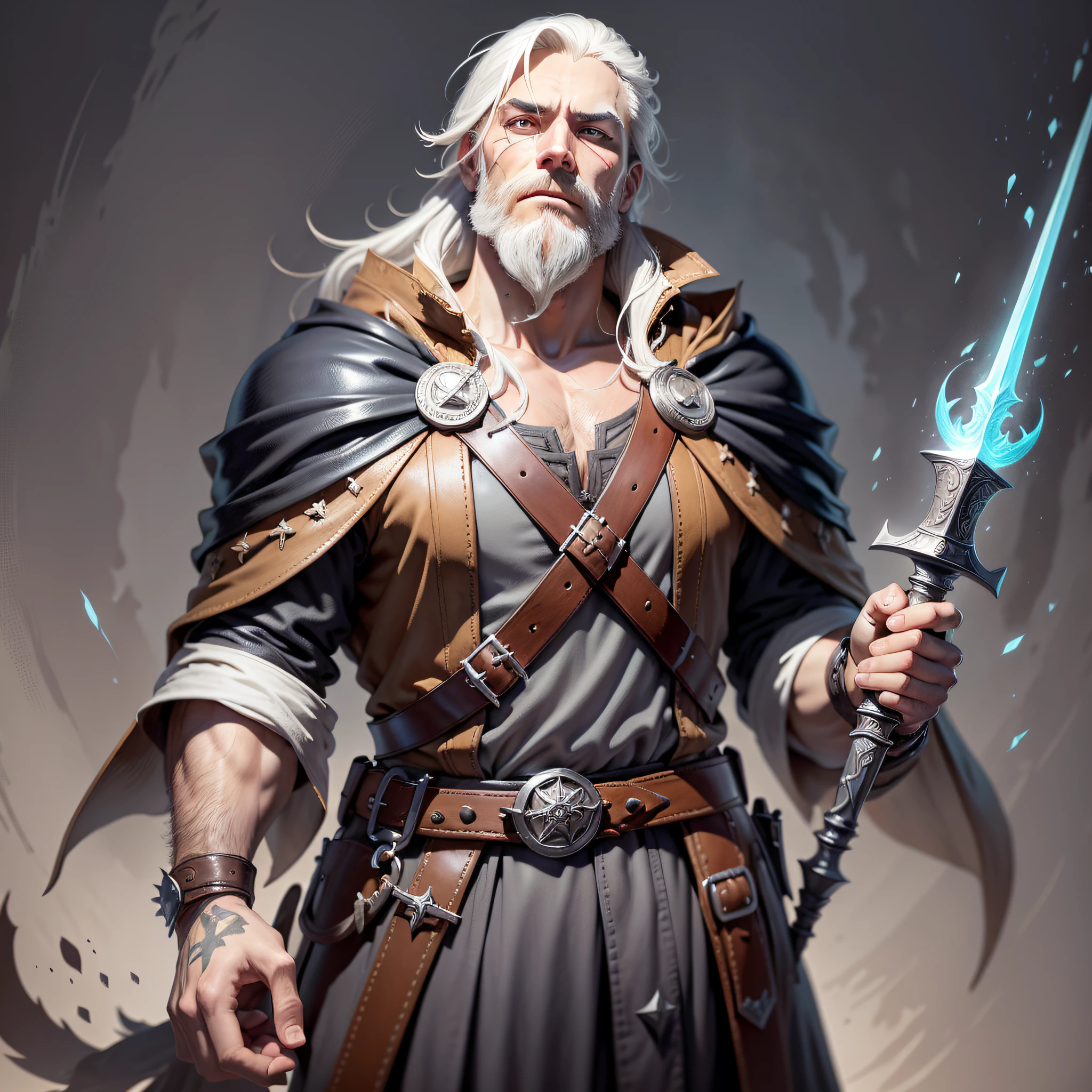 a medieval master sorcerer wearing a white beard, holding a dagger in his hands,
He is dressed in a heavy leather robe that covers his body from neck to feet, inspired by Johannes Helgeson, rpg, 
portrait, painted portrait of injured odin, rpg book portrait, portrait of an adventurer, epic rpg portrait, crisp rpg portrait, wild fin portrait, rpg character art, rpg portrait, by Johannes Helgeson, full body rpg portrait, 
The man has an expression on his face that suggests he may be deeply in thought or concentration,
His clothes seem to be made of different shades of brown and tan, giving him an overall rustic look,
In addition to the man himself, there are several other objects present within this scene, such as a bag or purse near his feet. All these elements come together to create an interesting composition.