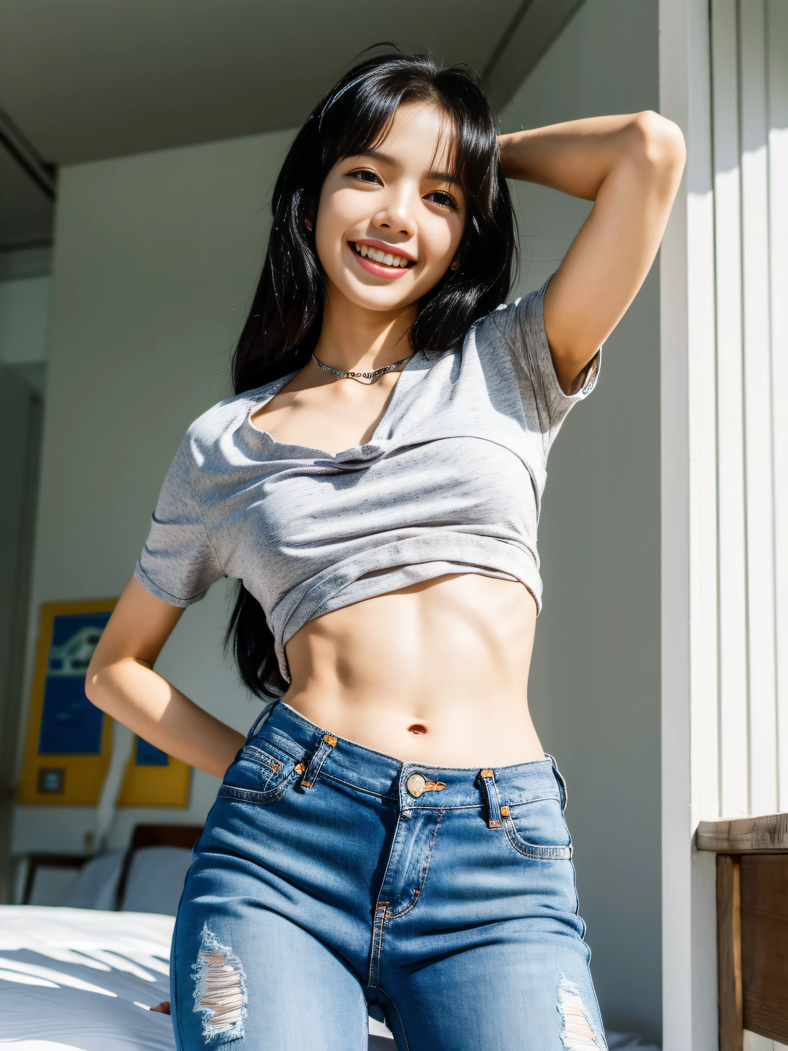 Lisa long hair, lisa face shape, smile, American retro sportswear, short tight slip T-shirt, digital print, sexy, denim ripped pants, long legs, standing pose, bedroom, masterpiece, acura, realism, HD, 16k
