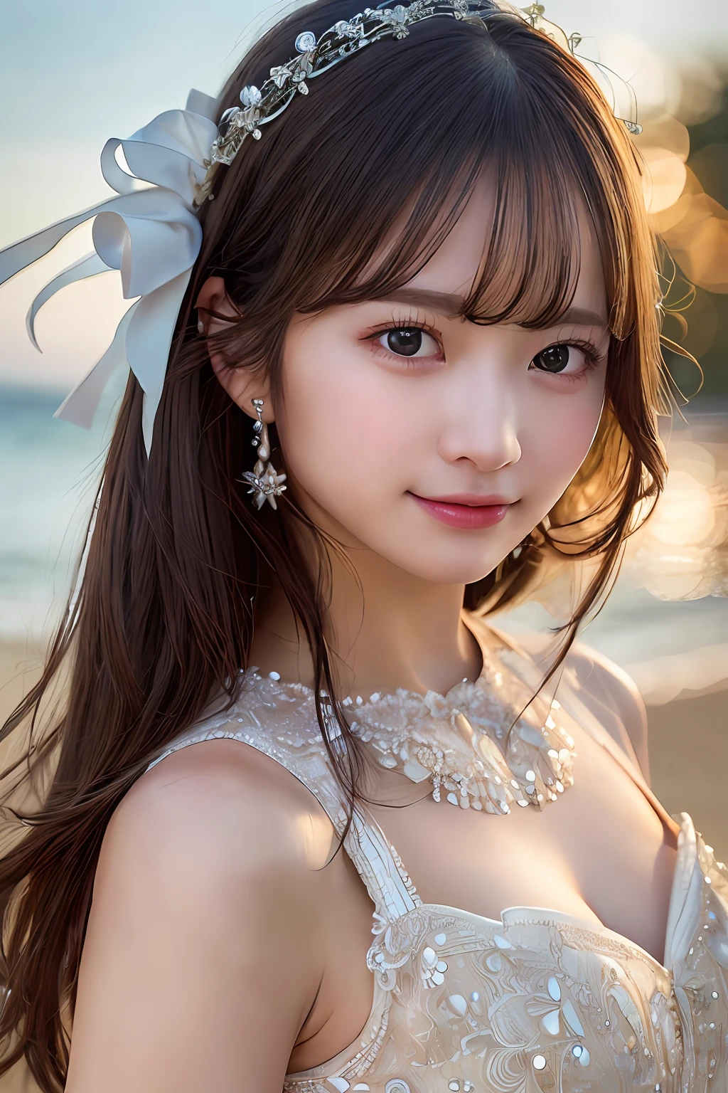 best quality, high resolution, extremely detailed photography, (photorealistic), upper body shot, professional lighting, ((a girl, solo)), beautiful detailed face and eyes, Joy, wearing Elegant dress, in Serene beach