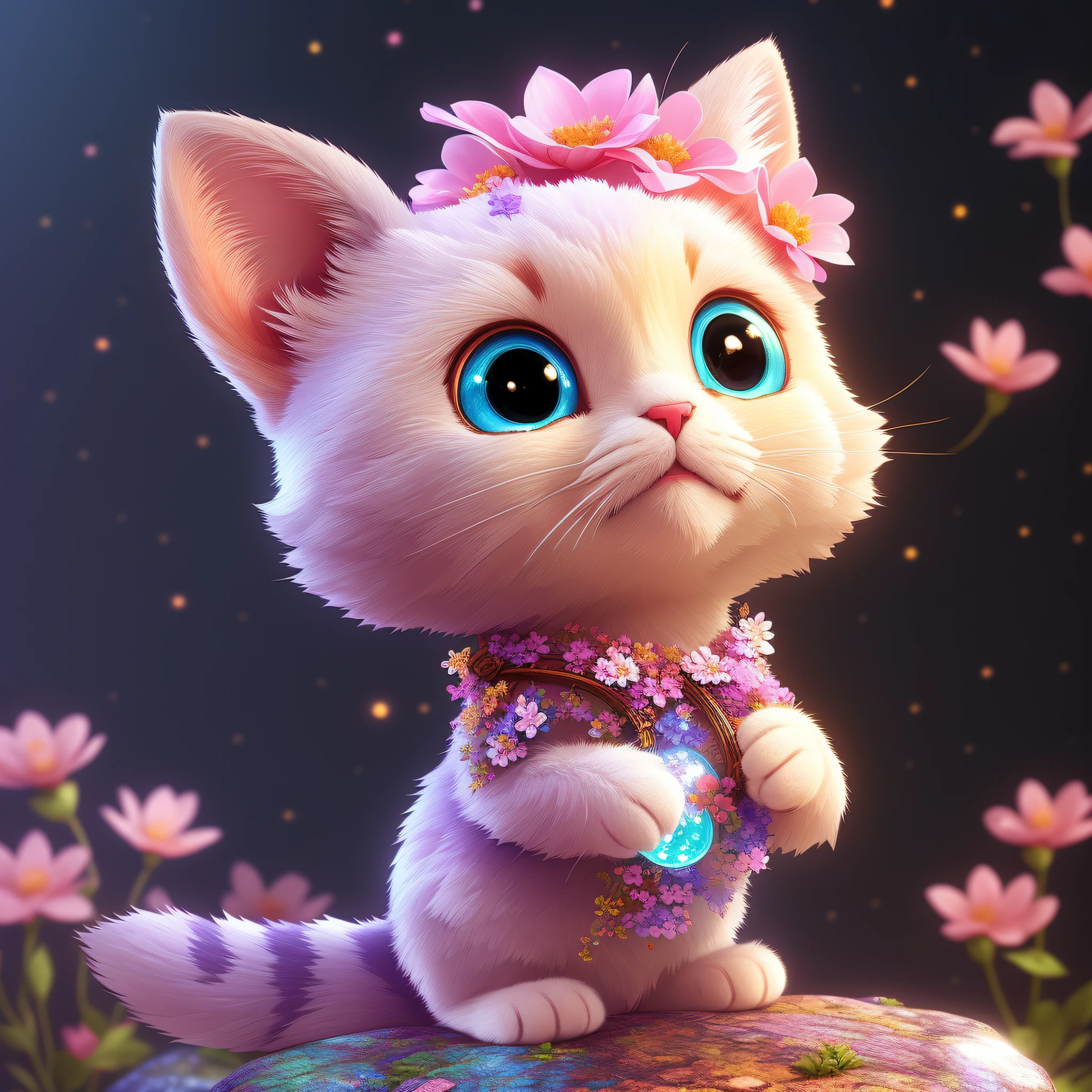There is a cat sitting on a rock with flowers, cute digital painting, cute detailed digital art, cute 3d render, golden cat, cute digital art, beeple and jeremiah ketner, 3d render stylized, 4k highly detailed digital art, children's art in artstation, presented in redshift, inspired by WLOP