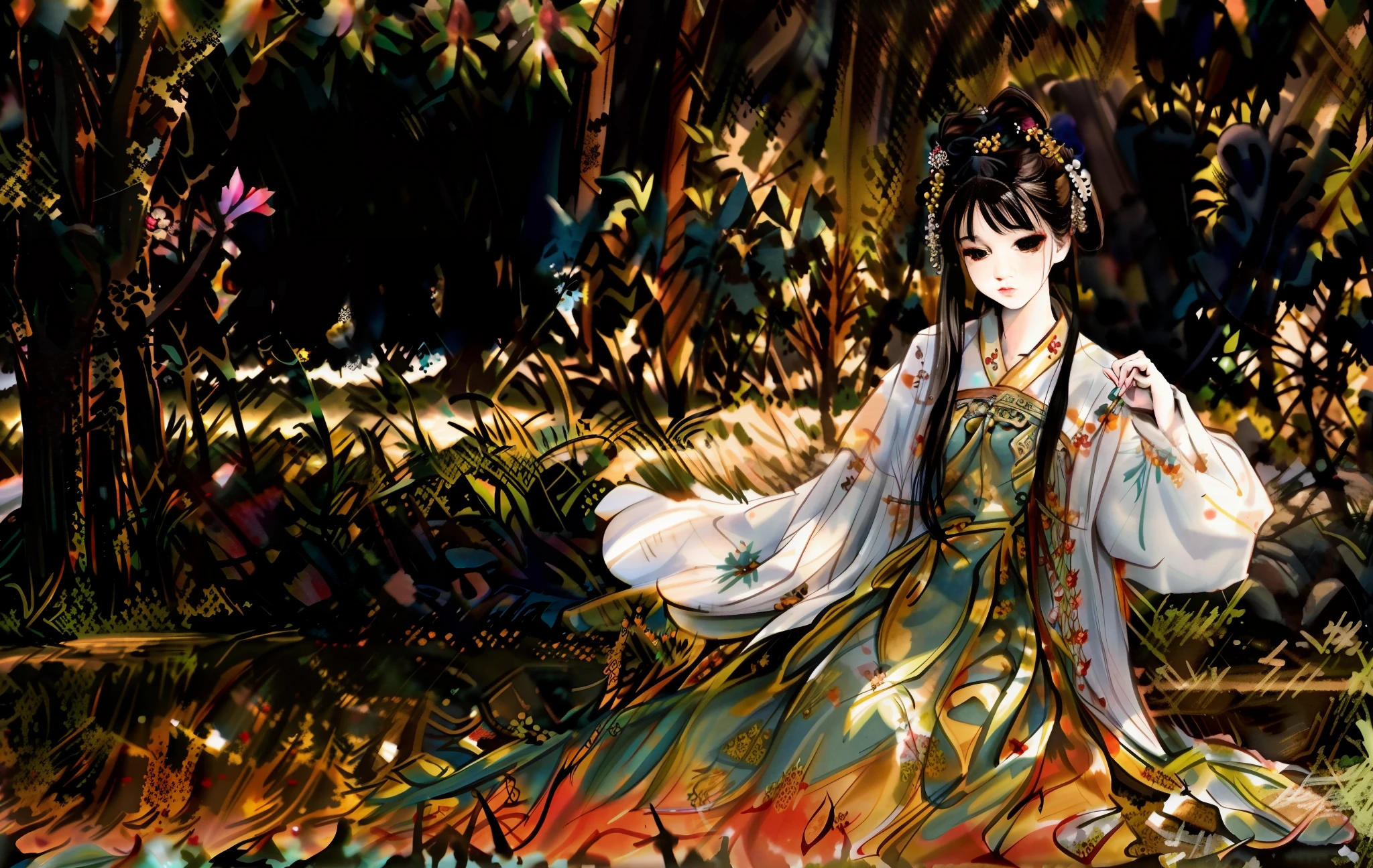 painting of a woman in a long dress sitting in a forest, palace , a girl in hanfu, ancient chinese princess, chinese princess, fanart, a beautiful fantasy empress, hanfu, by Yang J, chinese fantasy, beautiful character painting, lovely languid princess, artwork in the style of guweiz, gilded lotus princess, a beautiful artwork illustration