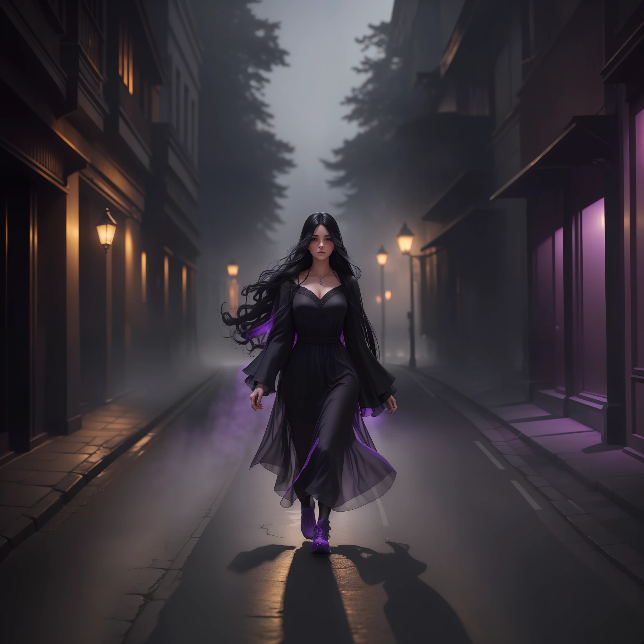 Woman walking head-on down a road at night, with fog and shadows, wavy and long black hair, detailed hand and fingers, high quality, ultra-detailed, 8k, masterpiece, (volumetric lighting), black magic, fanciful, lilac colors, purple, black and vivid shadows on the woman's return. --auto --s2